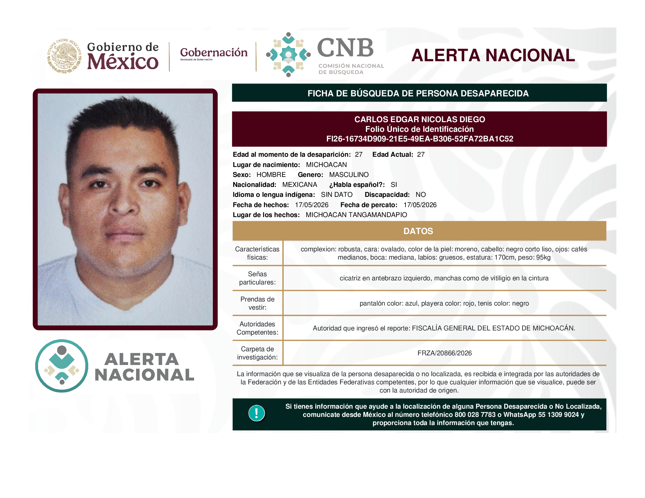 Persona desaparecida Carlos Edgar Nicolas Diego