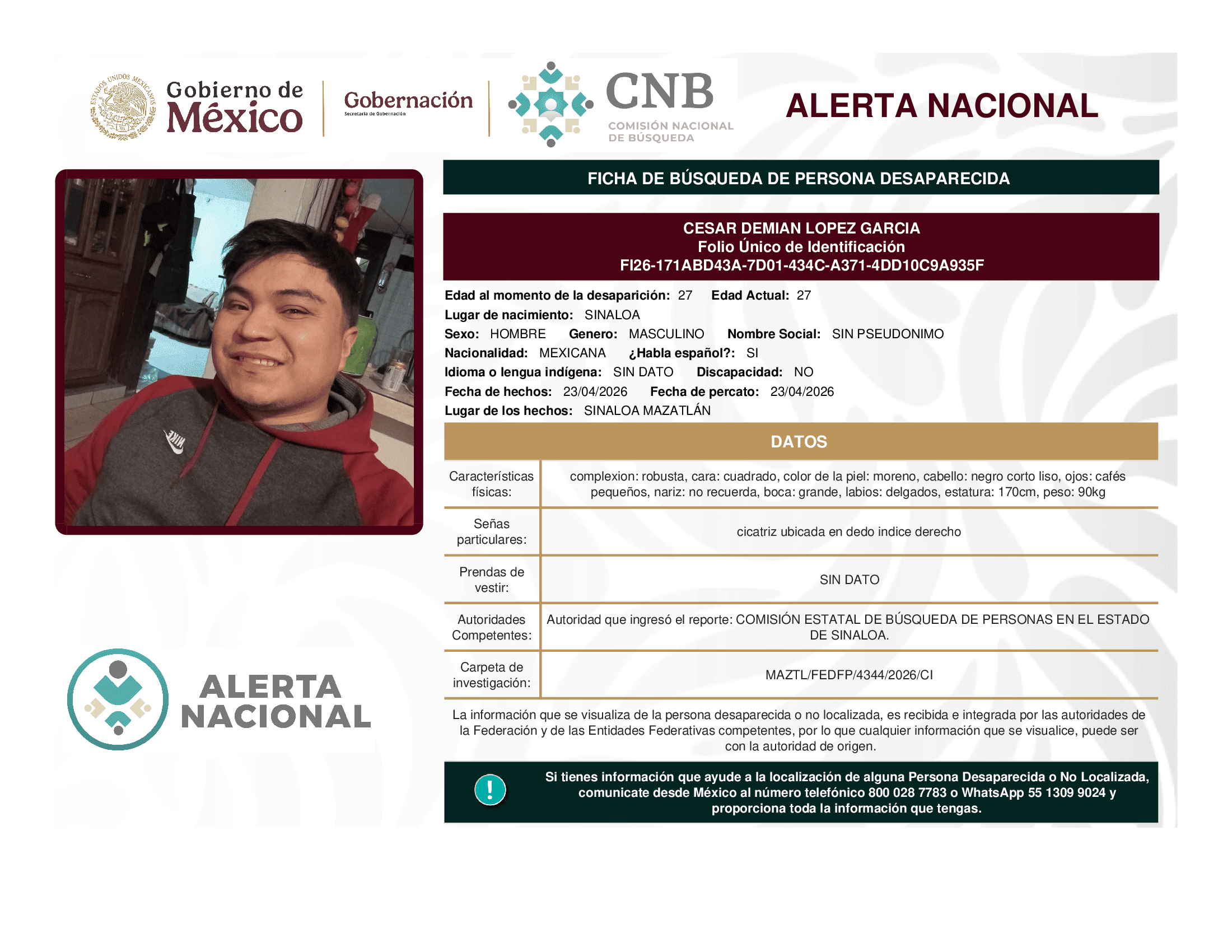 Persona desaparecida Cesar Demian Lopez Garcia