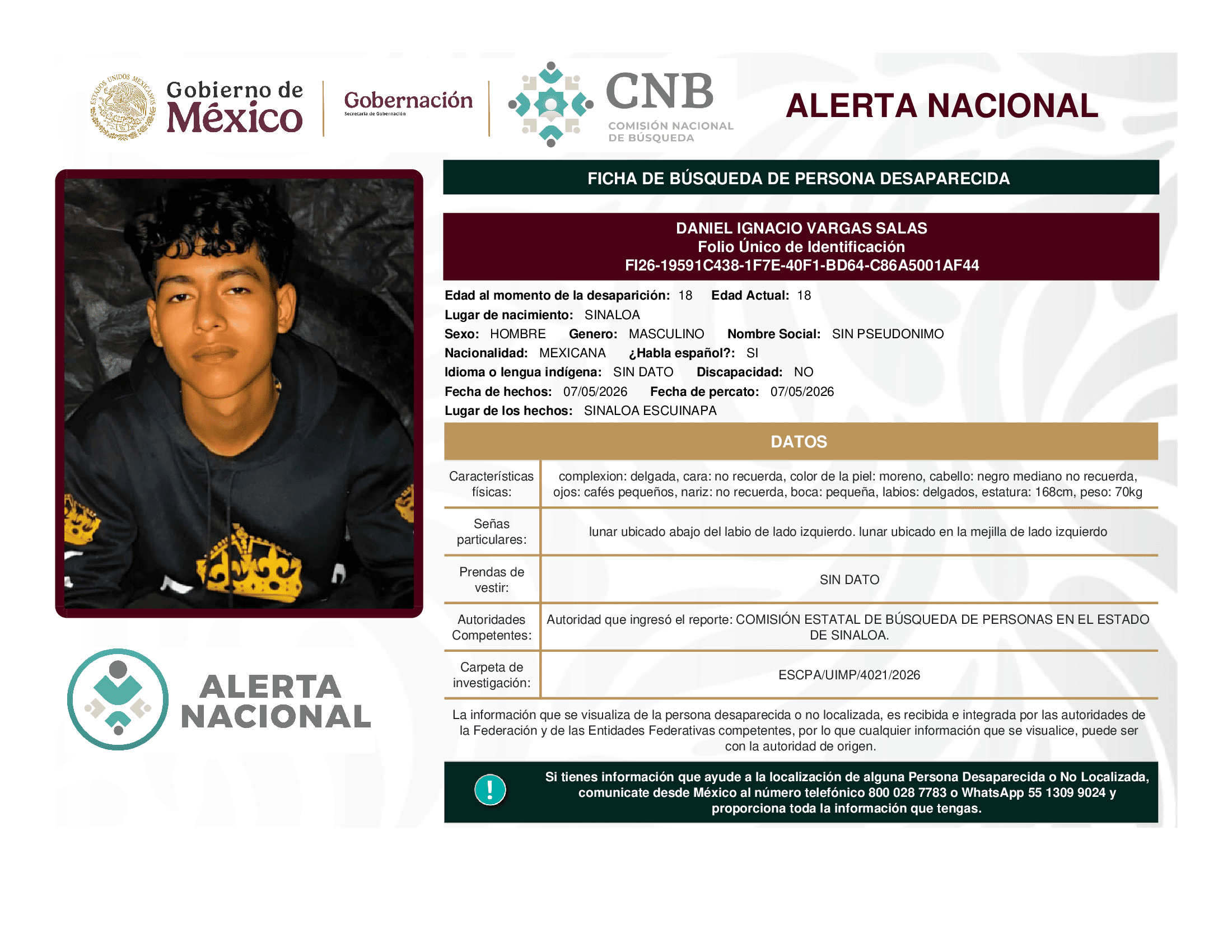Persona desaparecida Daniel Ignacio Vargas Salas