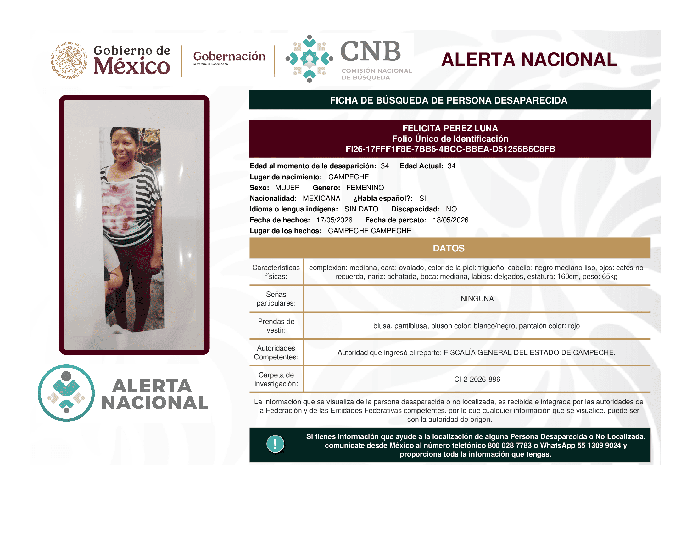 Persona desaparecida Felicita Perez Luna