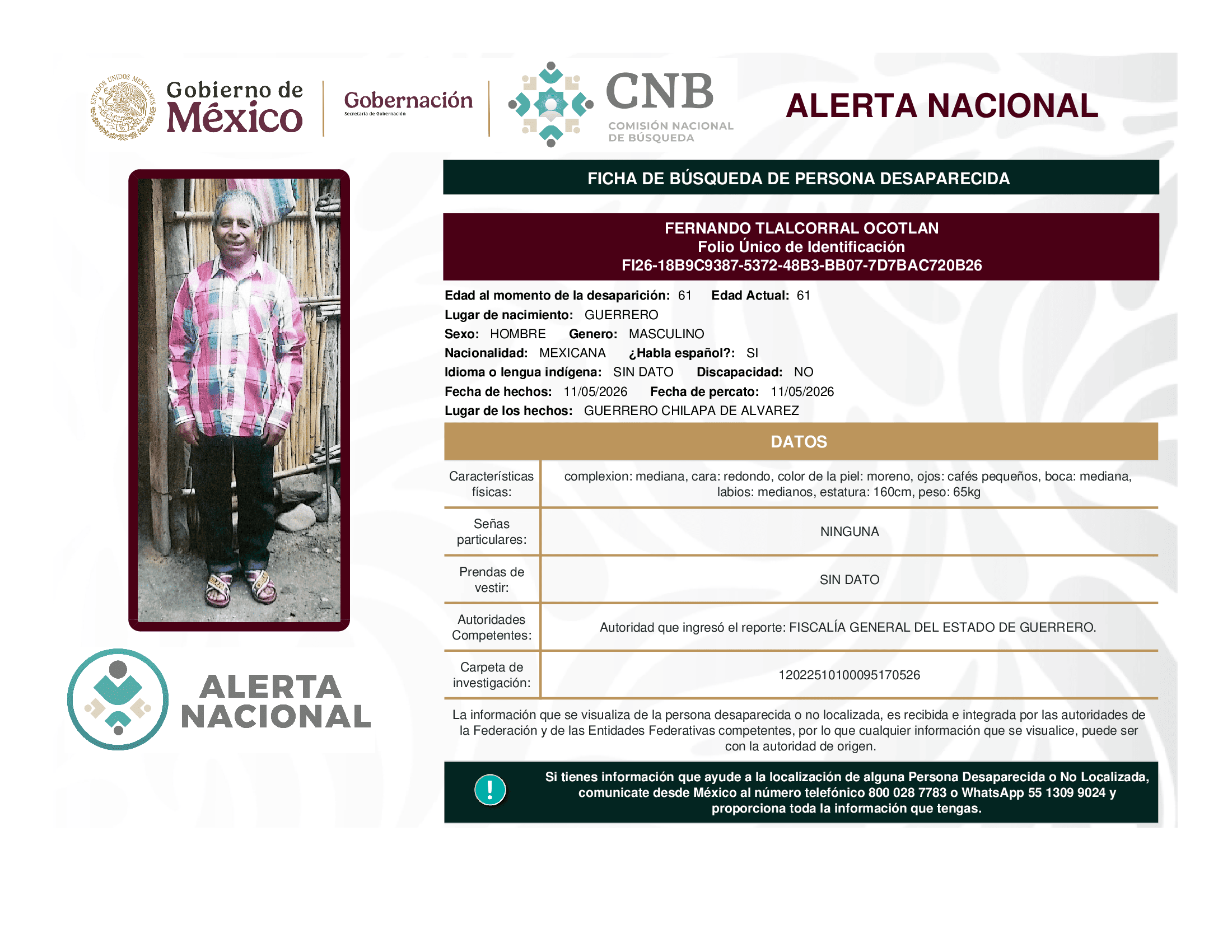 Persona desaparecida Fernando Tlalcorral Ocotlan