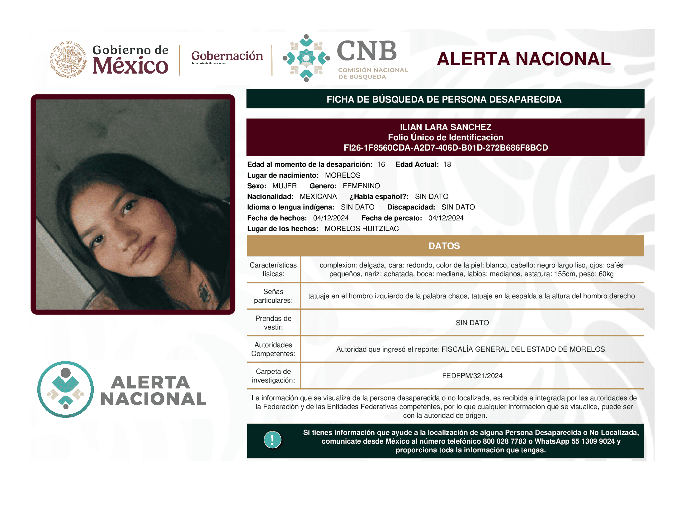 Persona desaparecida Ilian Lara Sanchez
