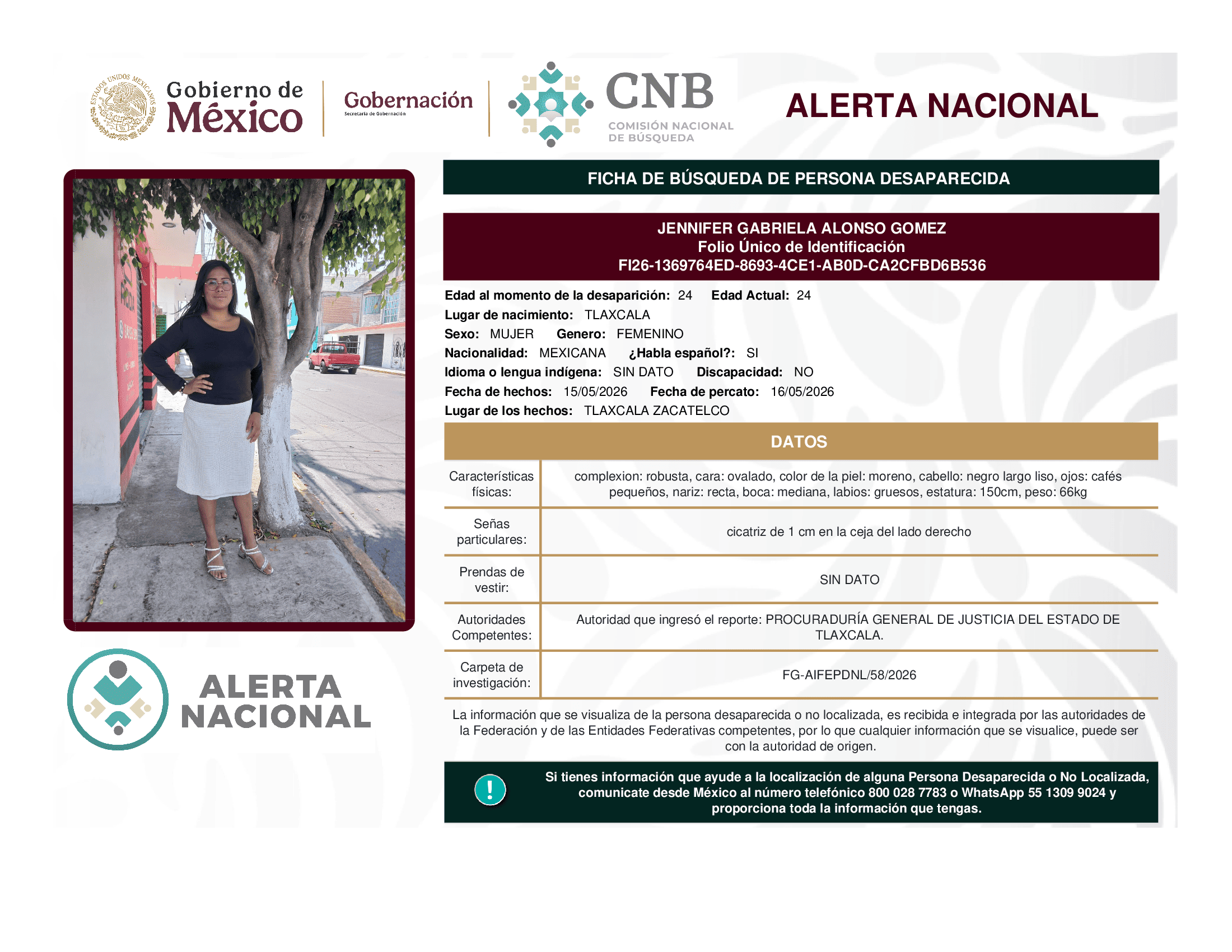 Persona desaparecida Jennifer Gabriela Alonso Gomez