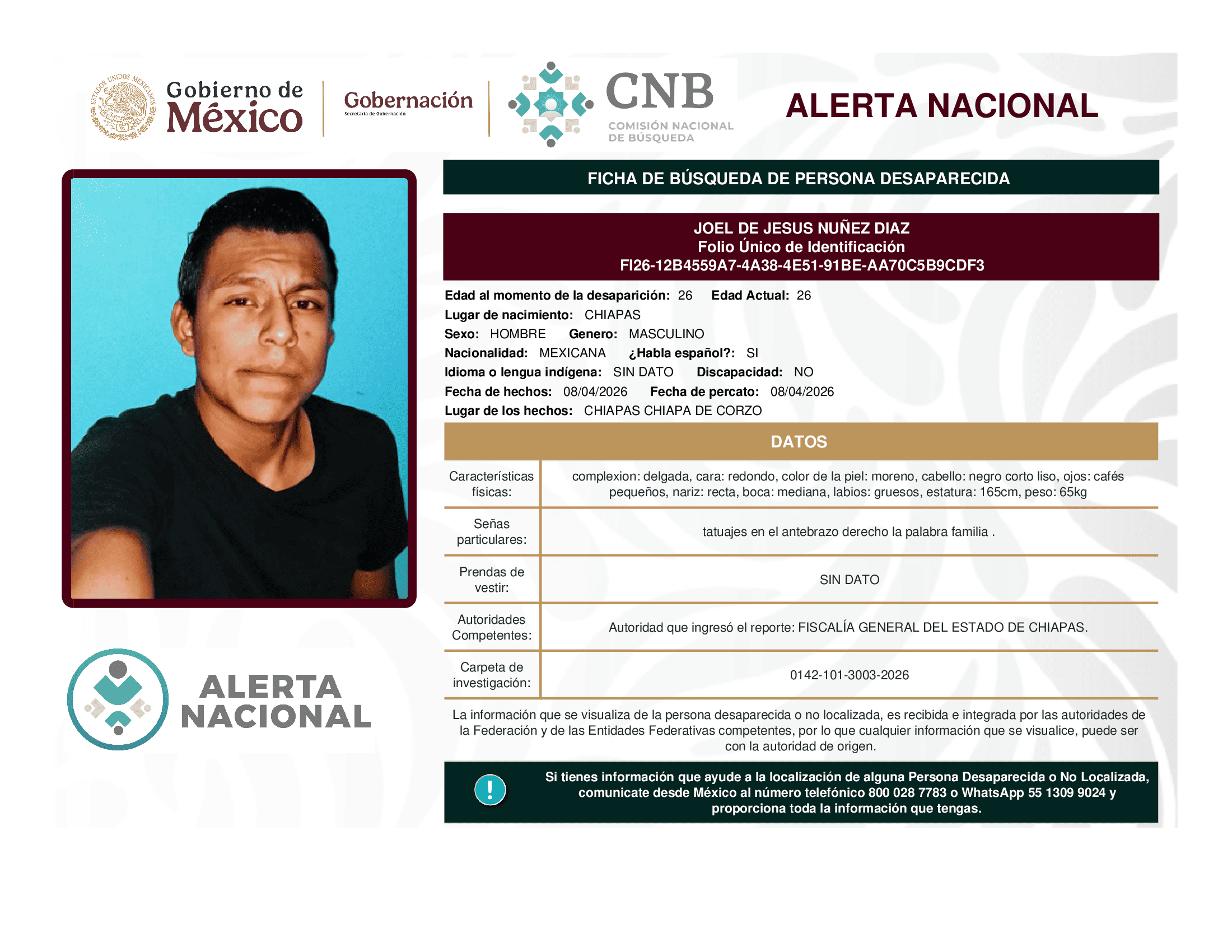 Persona desaparecida Joel De Jesus Nuñez Diaz