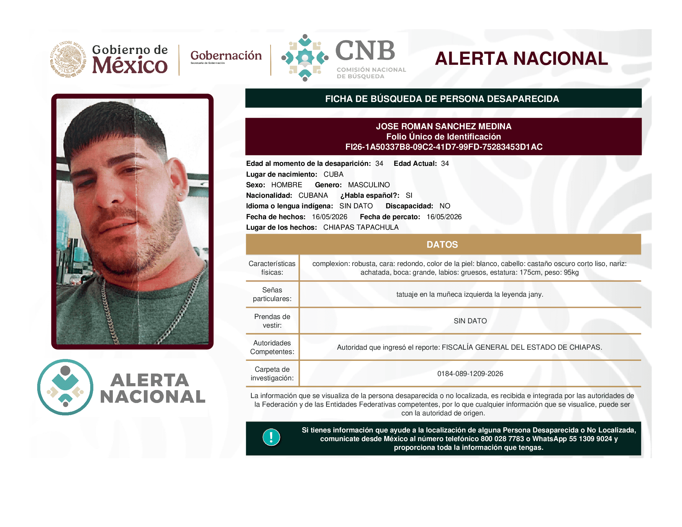 Persona desaparecida Jose Roman Sanchez Medina