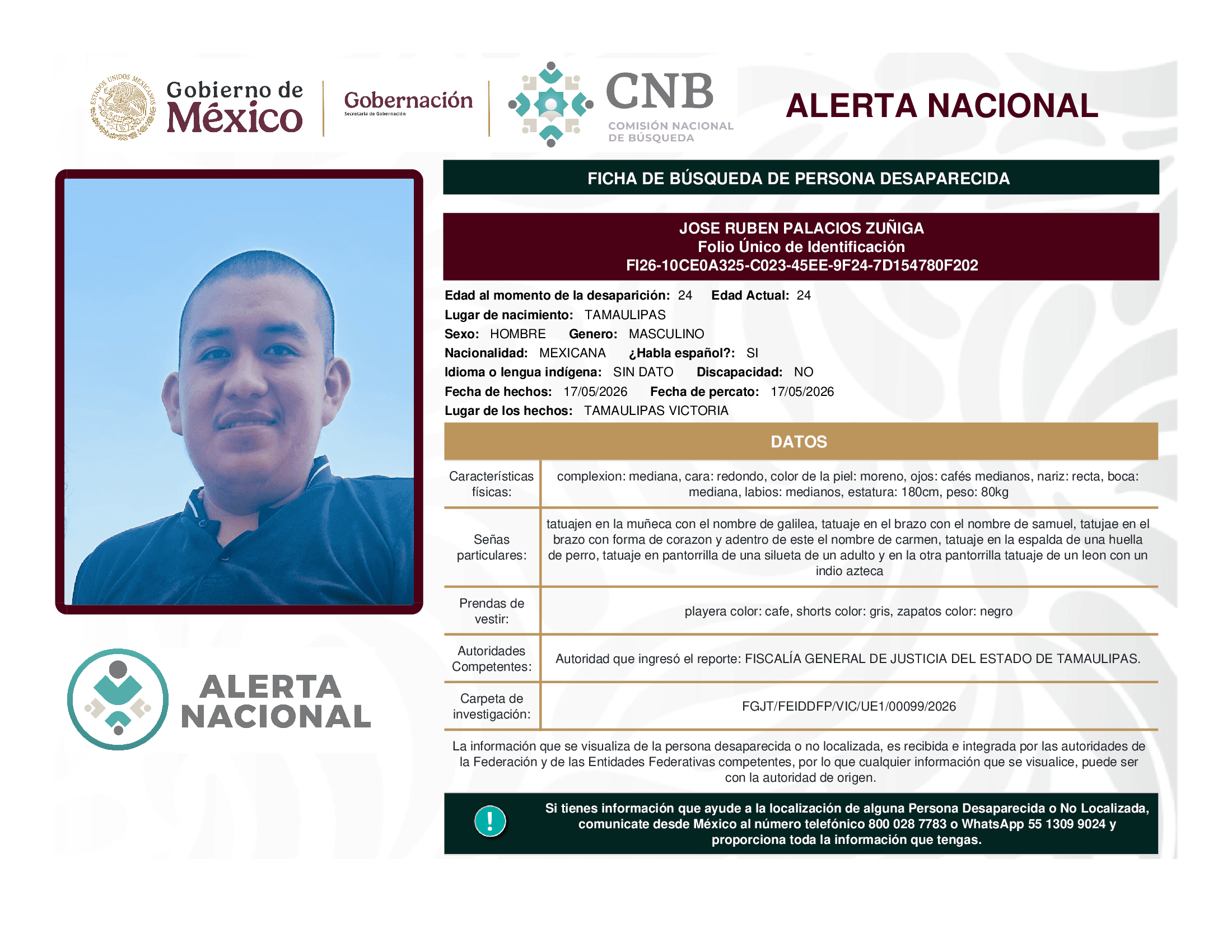 Persona desaparecida Jose Ruben Palacios Zuñiga