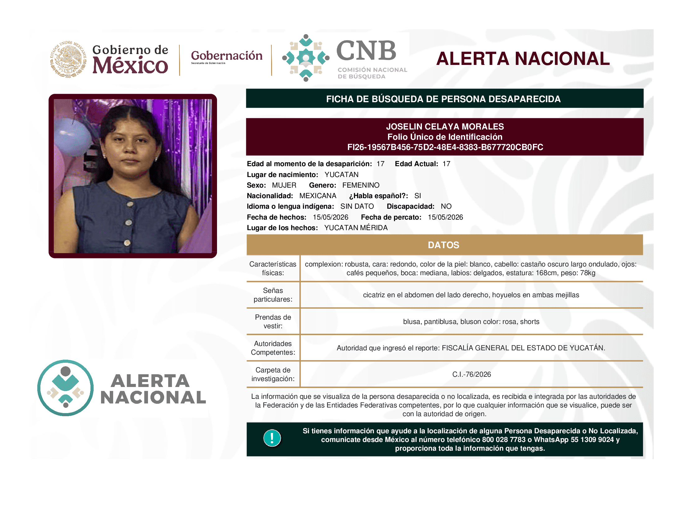 Persona desaparecida Joselin Celaya Morales