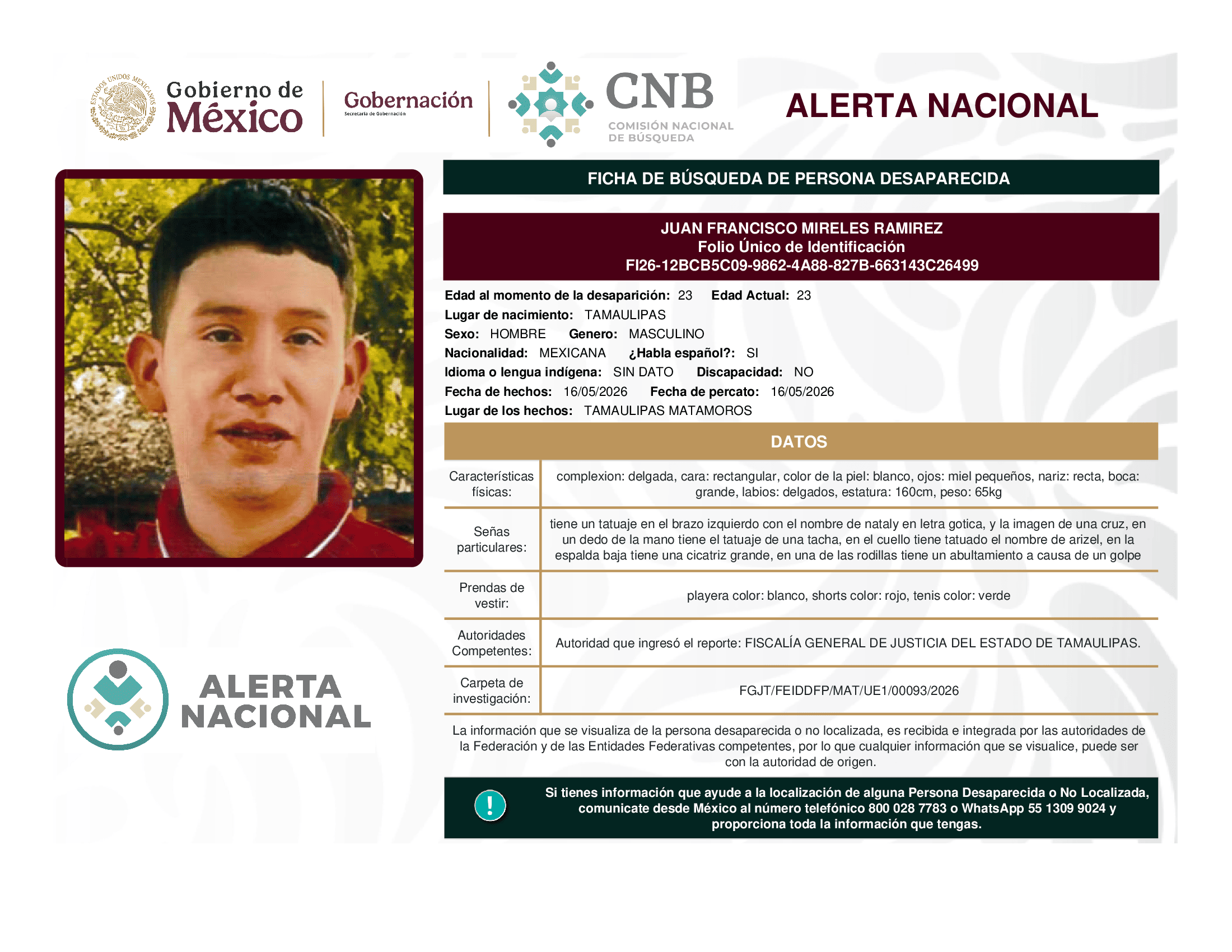 Persona desaparecida Juan Francisco Mireles Ramirez