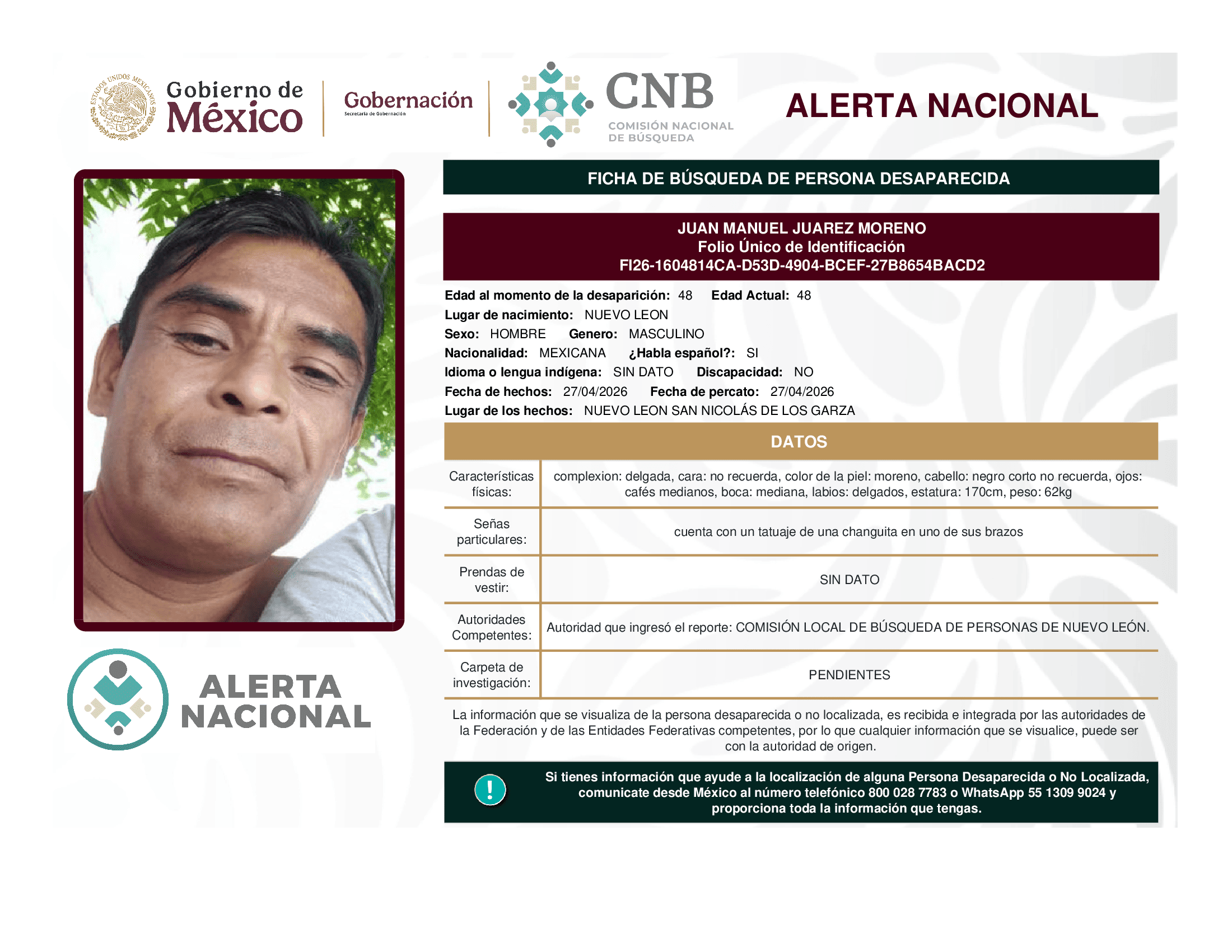 Persona desaparecida Juan Manuel Juarez Moreno