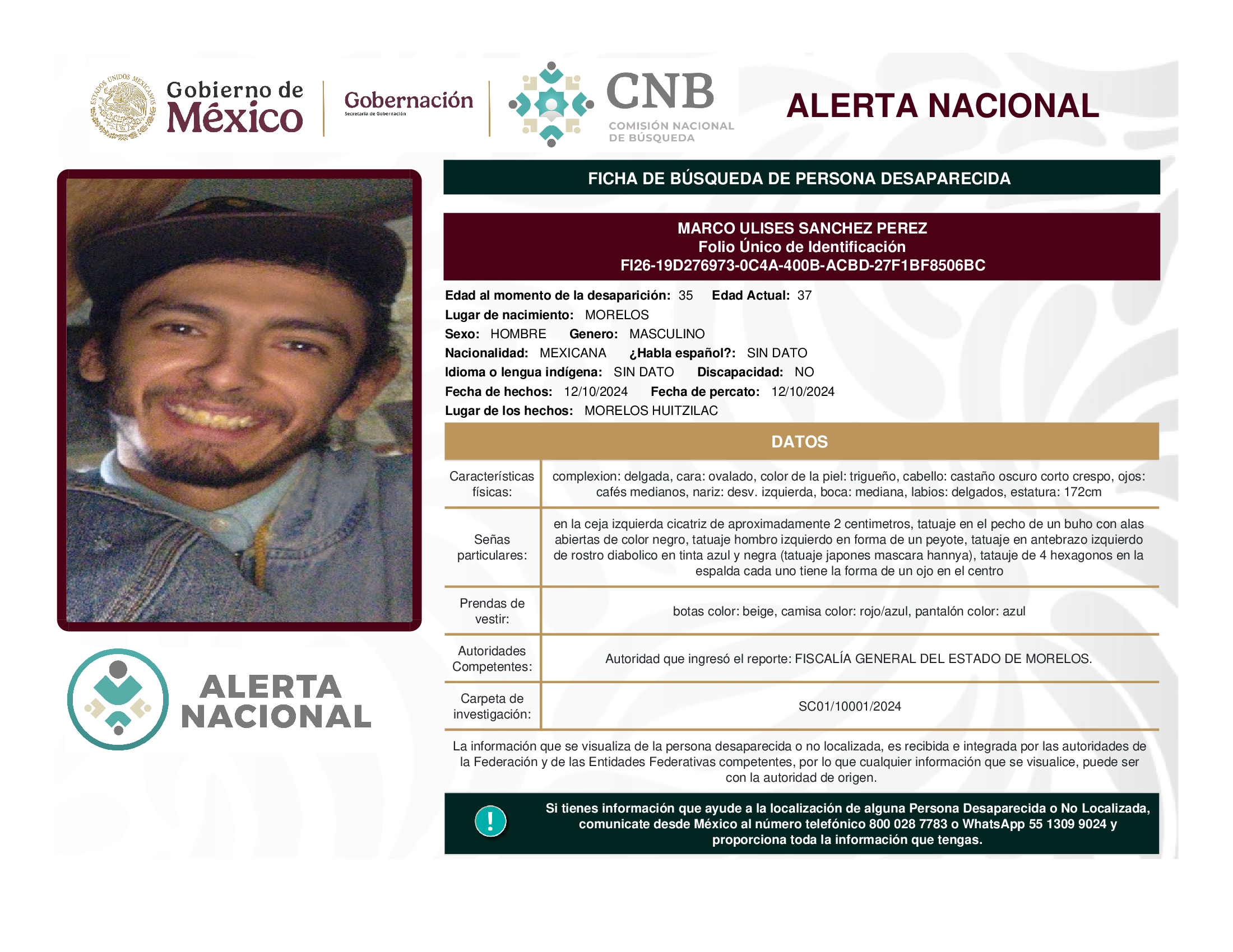 Persona desaparecida Marco Ulises Sanchez Perez