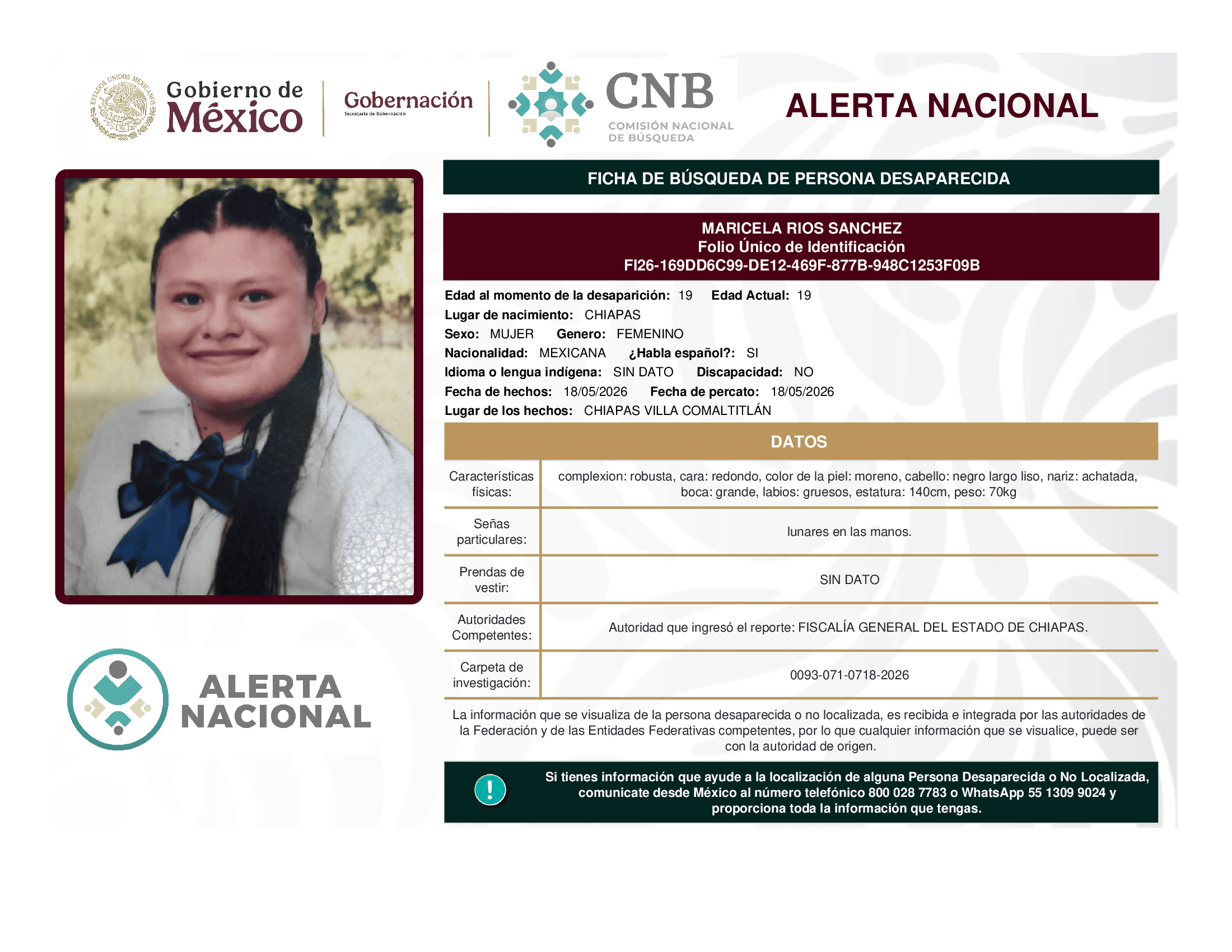 Persona desaparecida Maricela Rios Sanchez