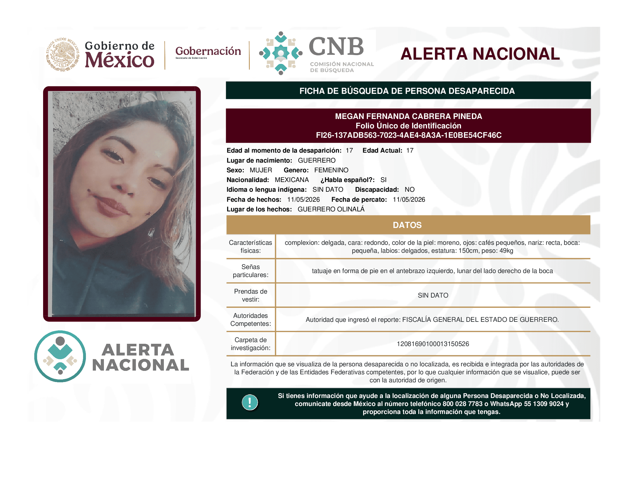Persona desaparecida Megan Fernanda Cabrera Pineda