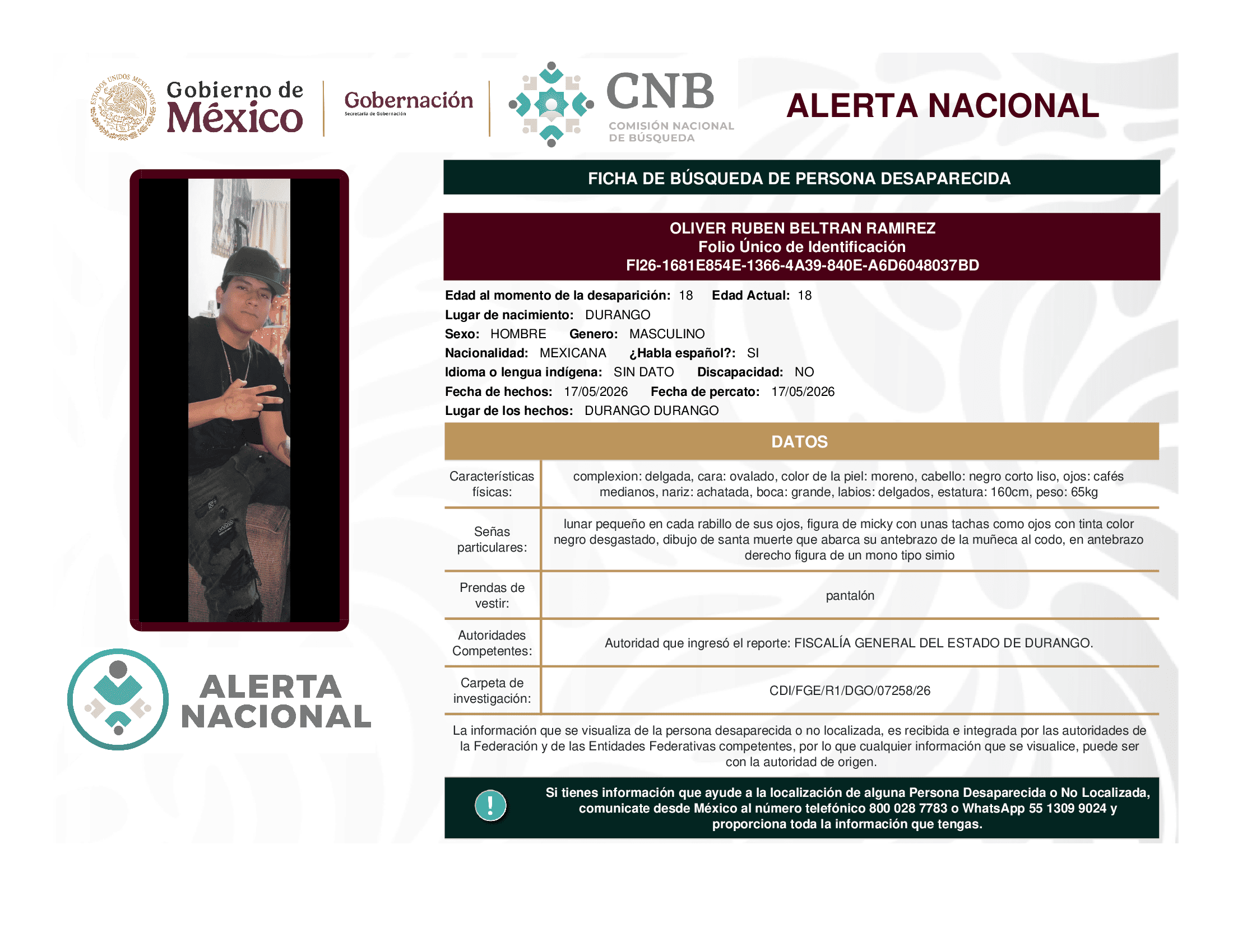 Persona desaparecida Oliver Ruben Beltran Ramirez