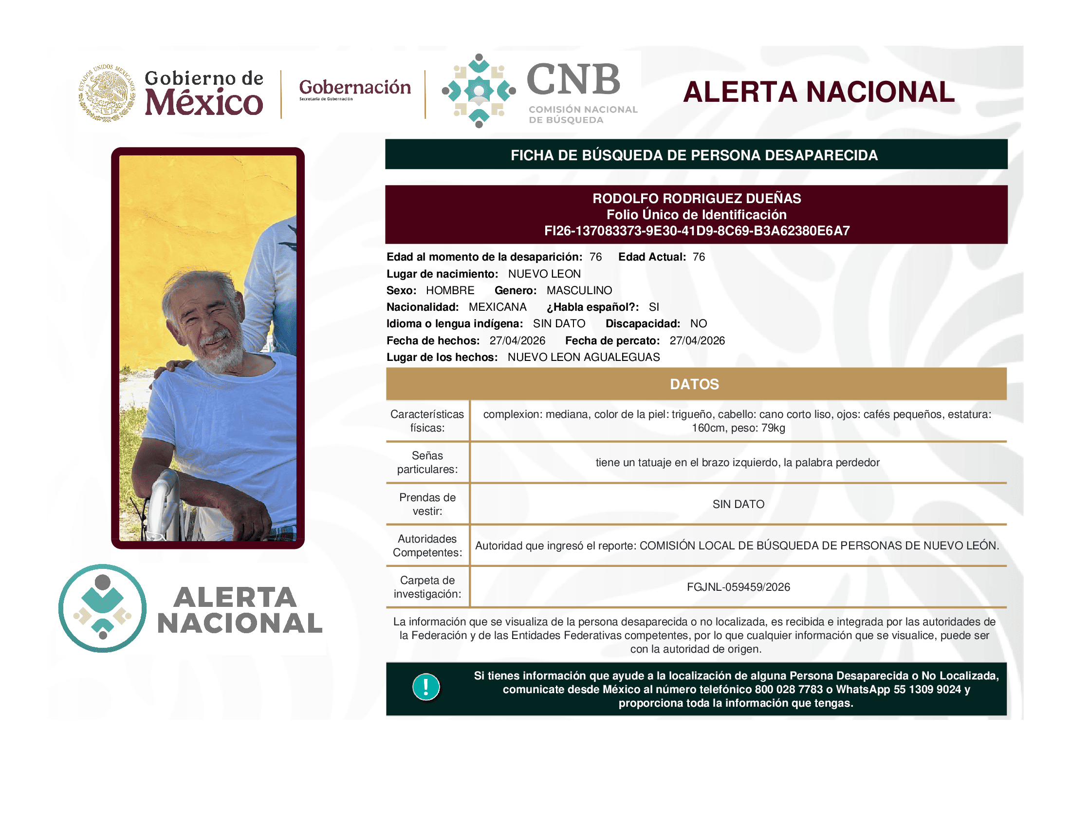 Persona desaparecida Rodolfo Rodriguez Dueñas