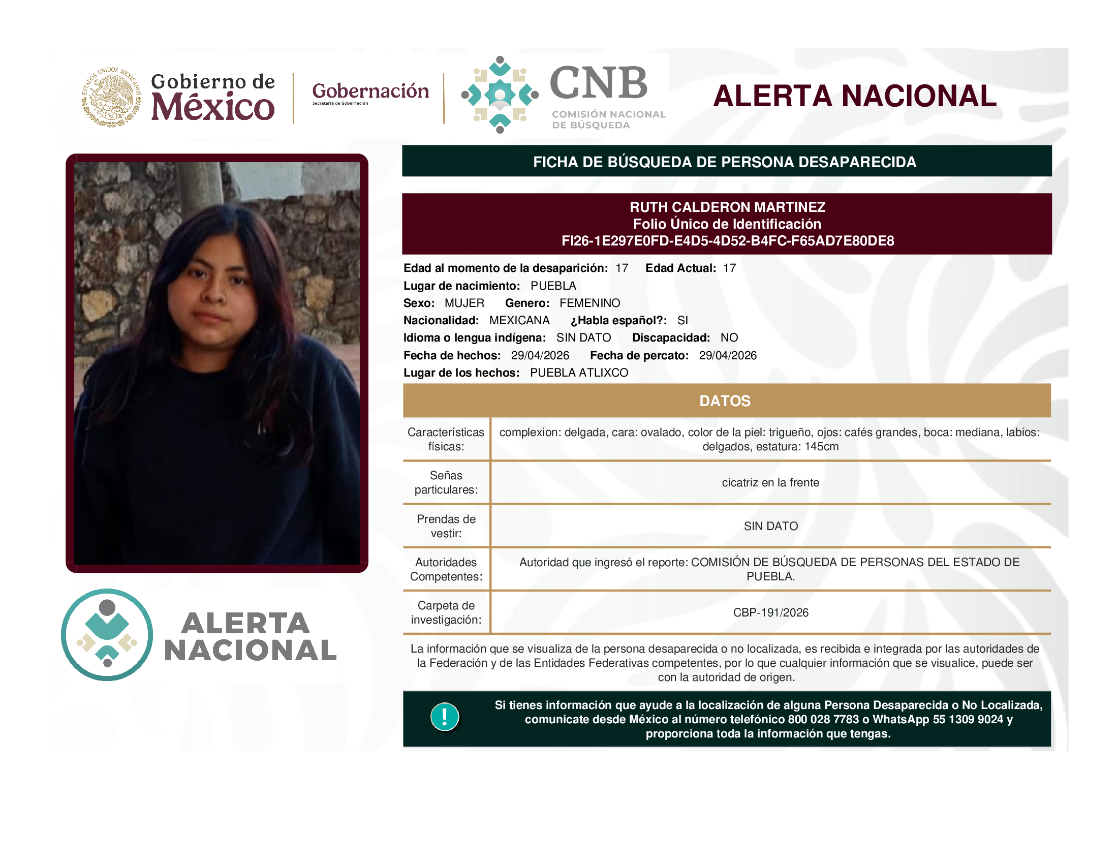 Persona desaparecida Ruth Calderon Martinez