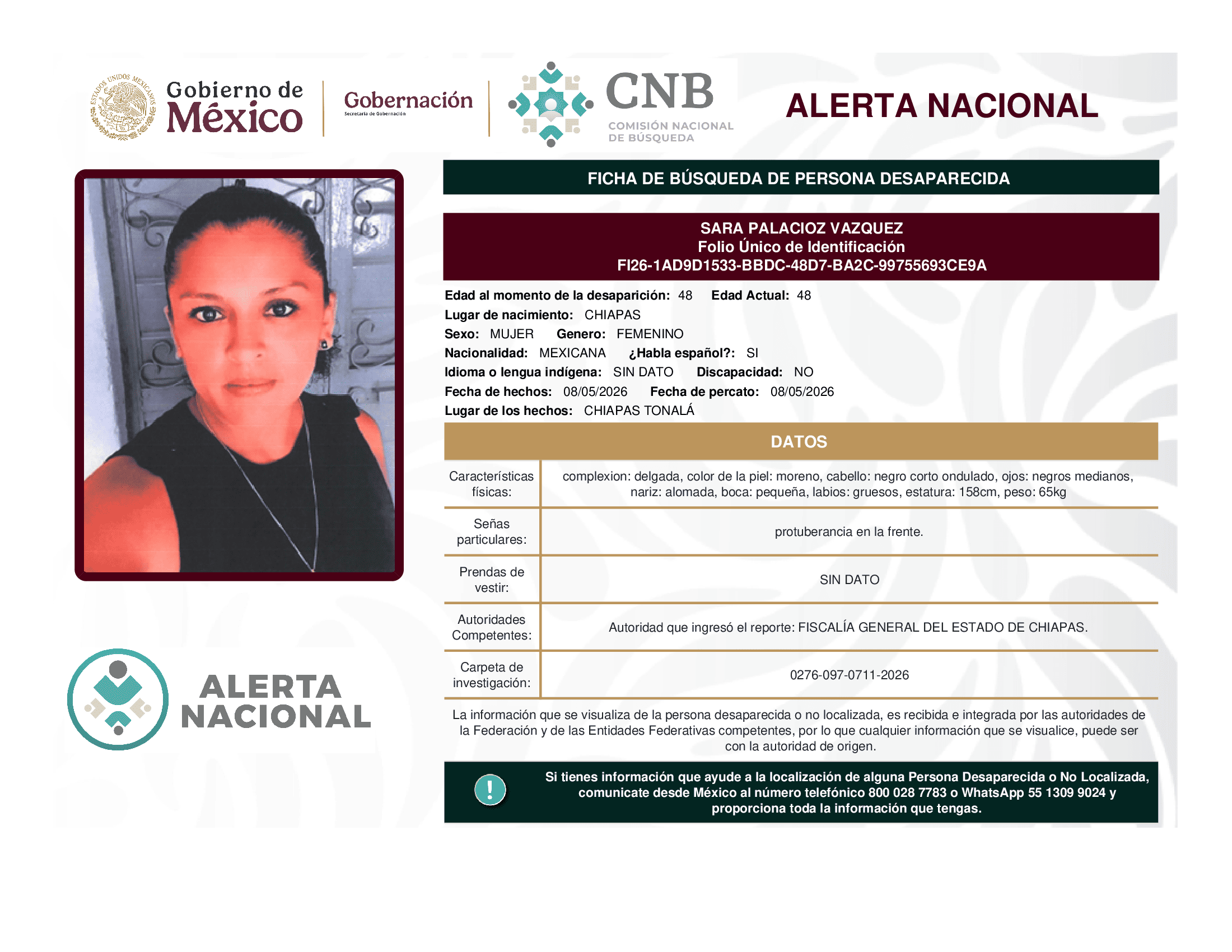 Persona desaparecida Sara Palacioz Vazquez
