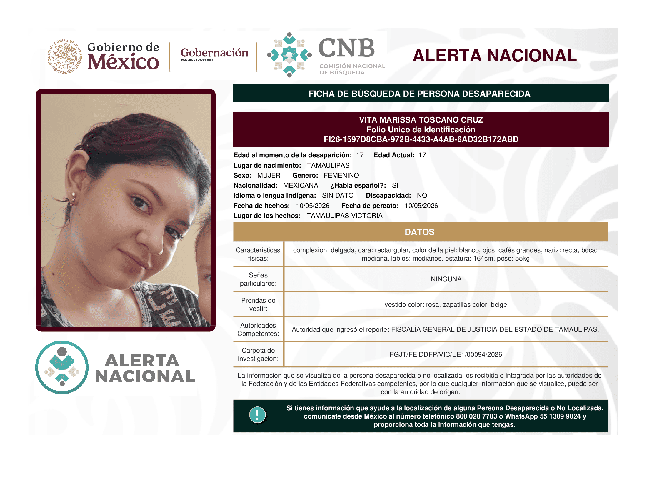 Persona desaparecida Vita Marissa Toscano Cruz