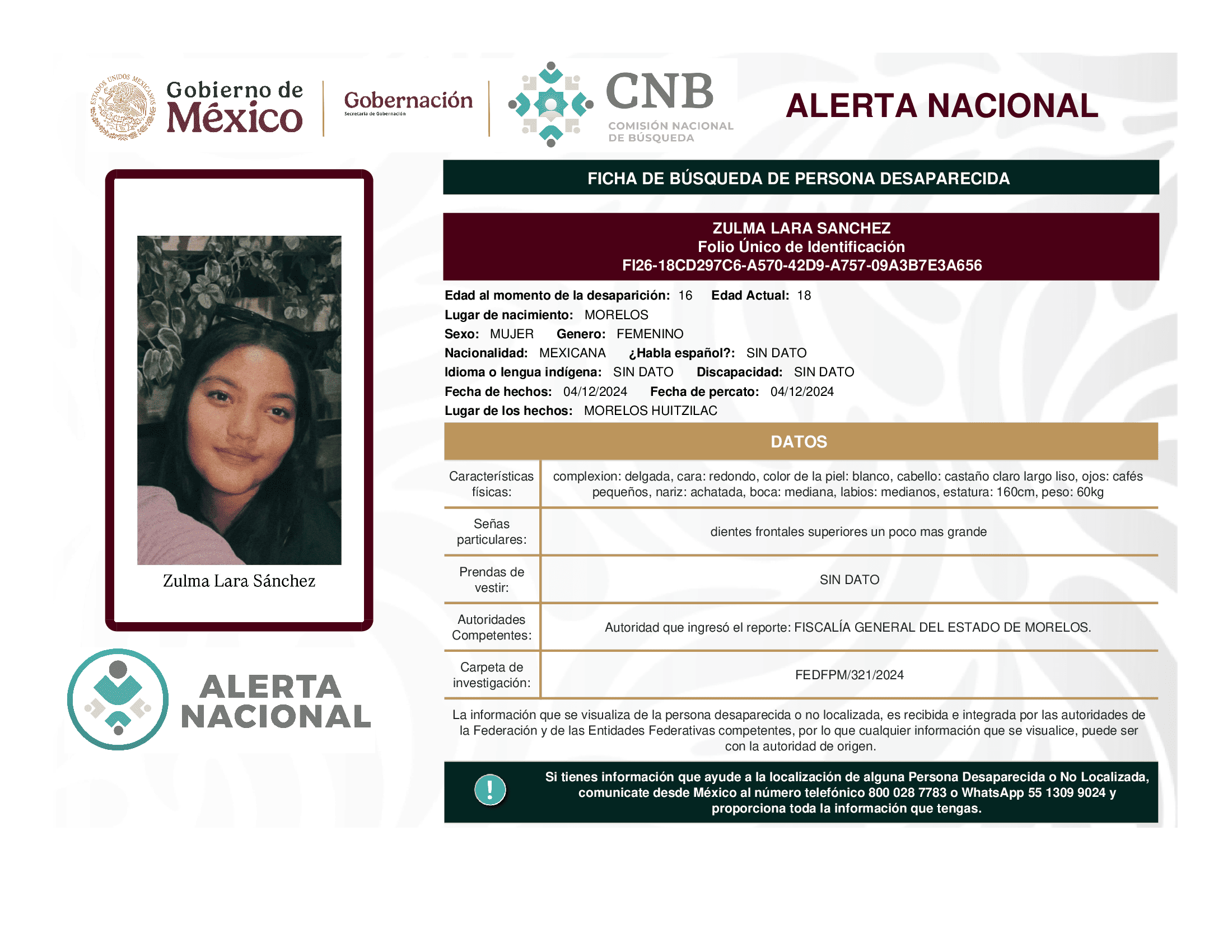 Persona desaparecida Zulma Lara Sanchez