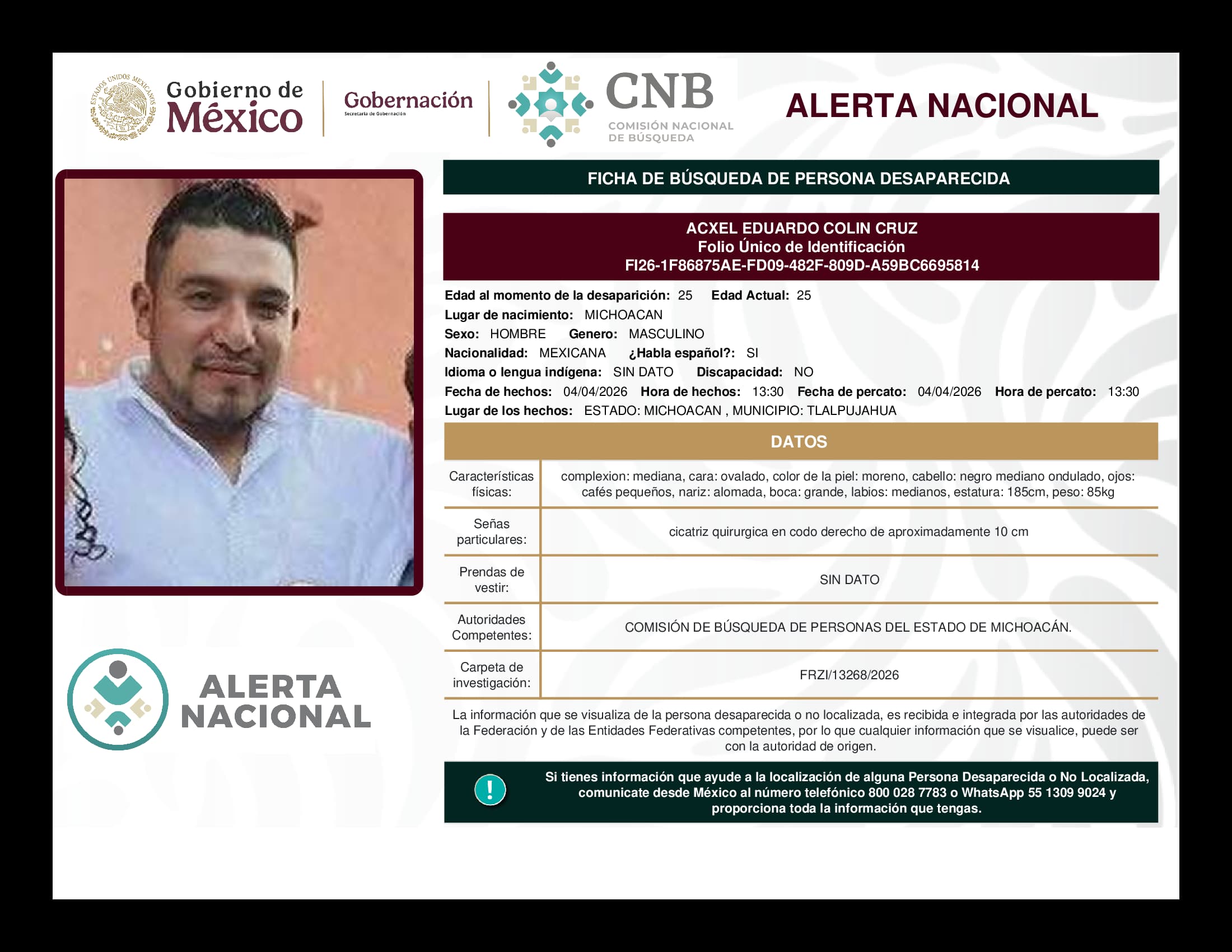 Persona desaparecida Acxel Eduardo Colin Cruz
