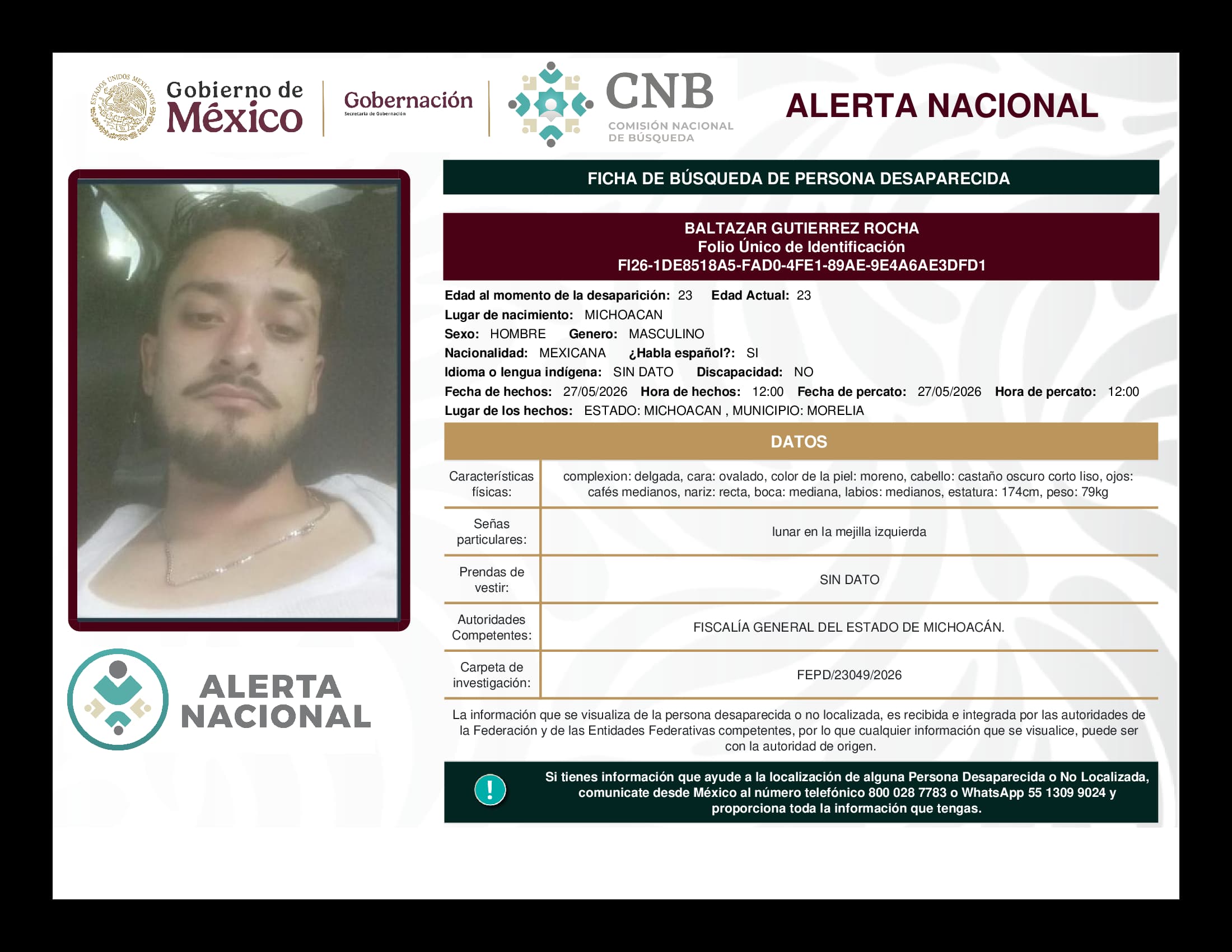 Persona desaparecida Baltazar Gutierrez Rocha
