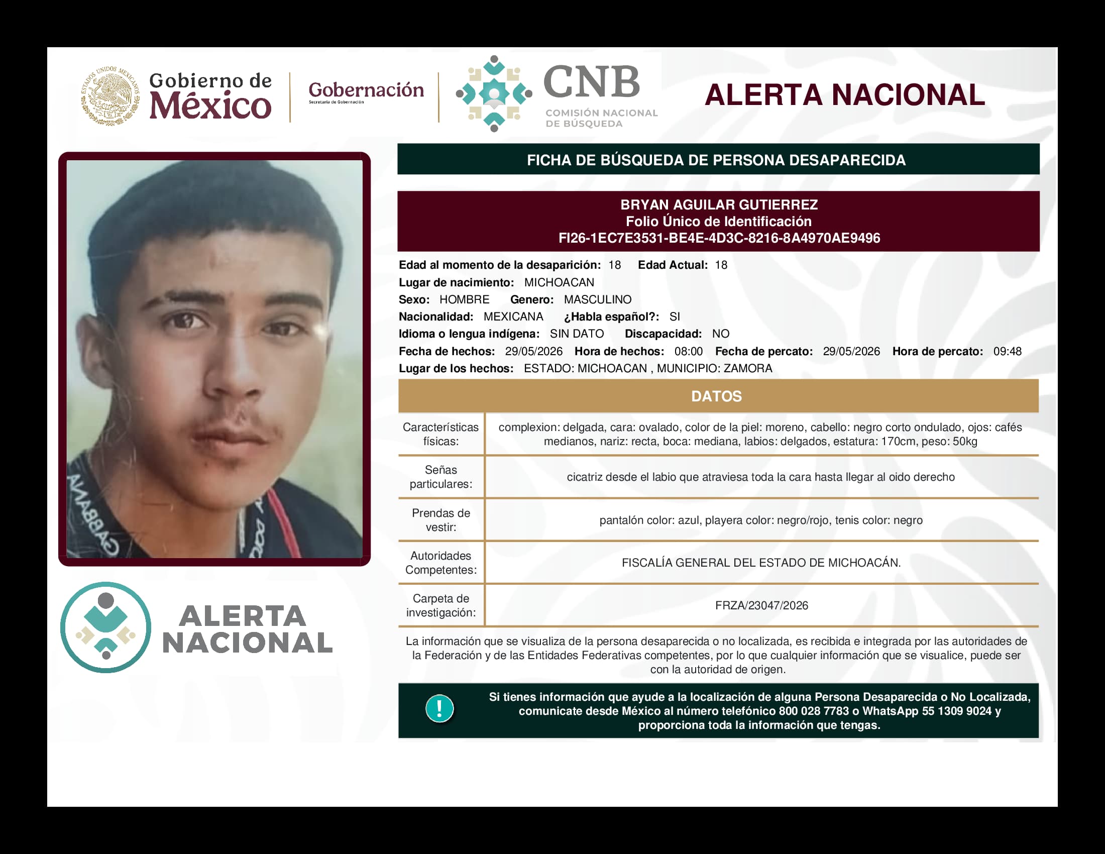 Persona desaparecida Bryan Aguilar Gutierrez