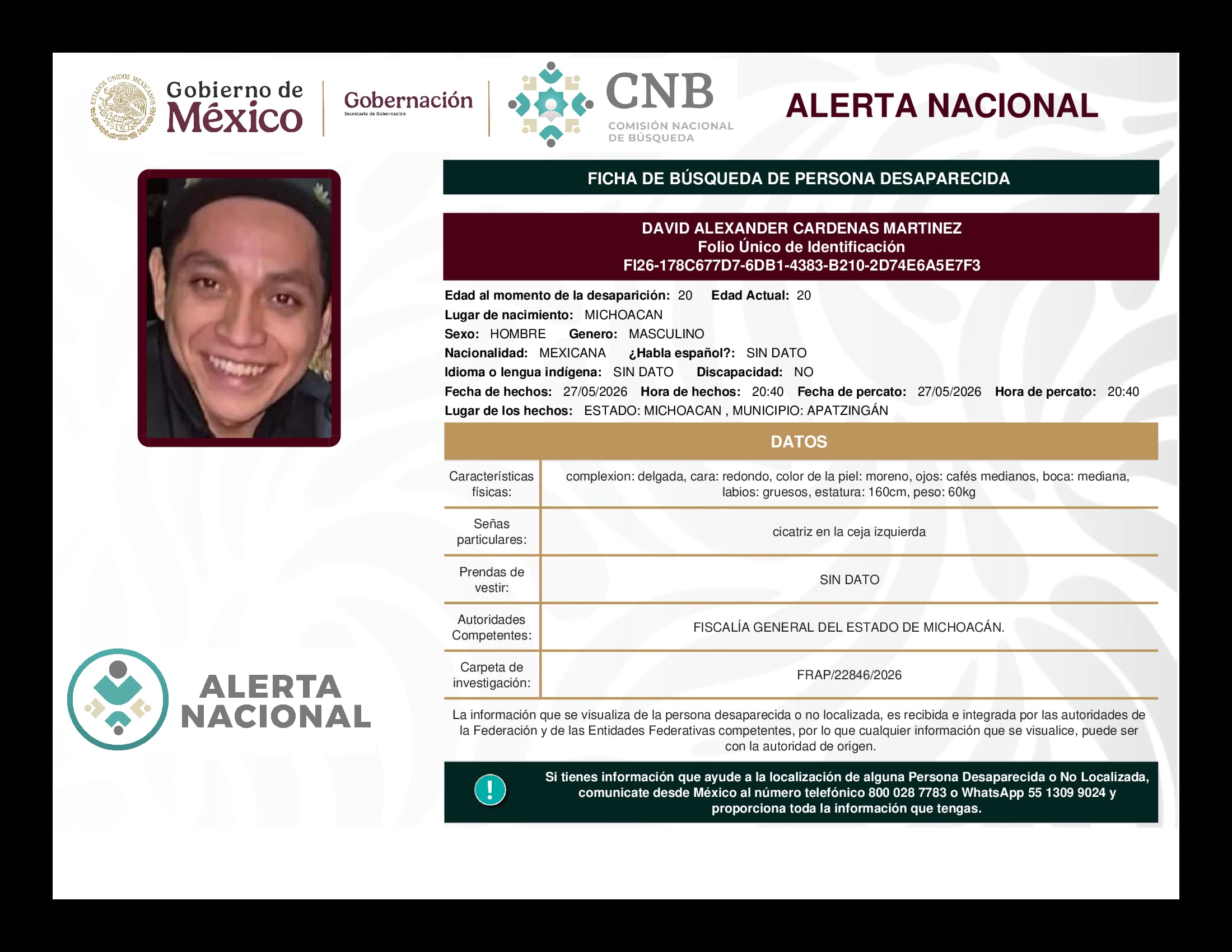 Persona desaparecida David Alexander Cardenas Martinez