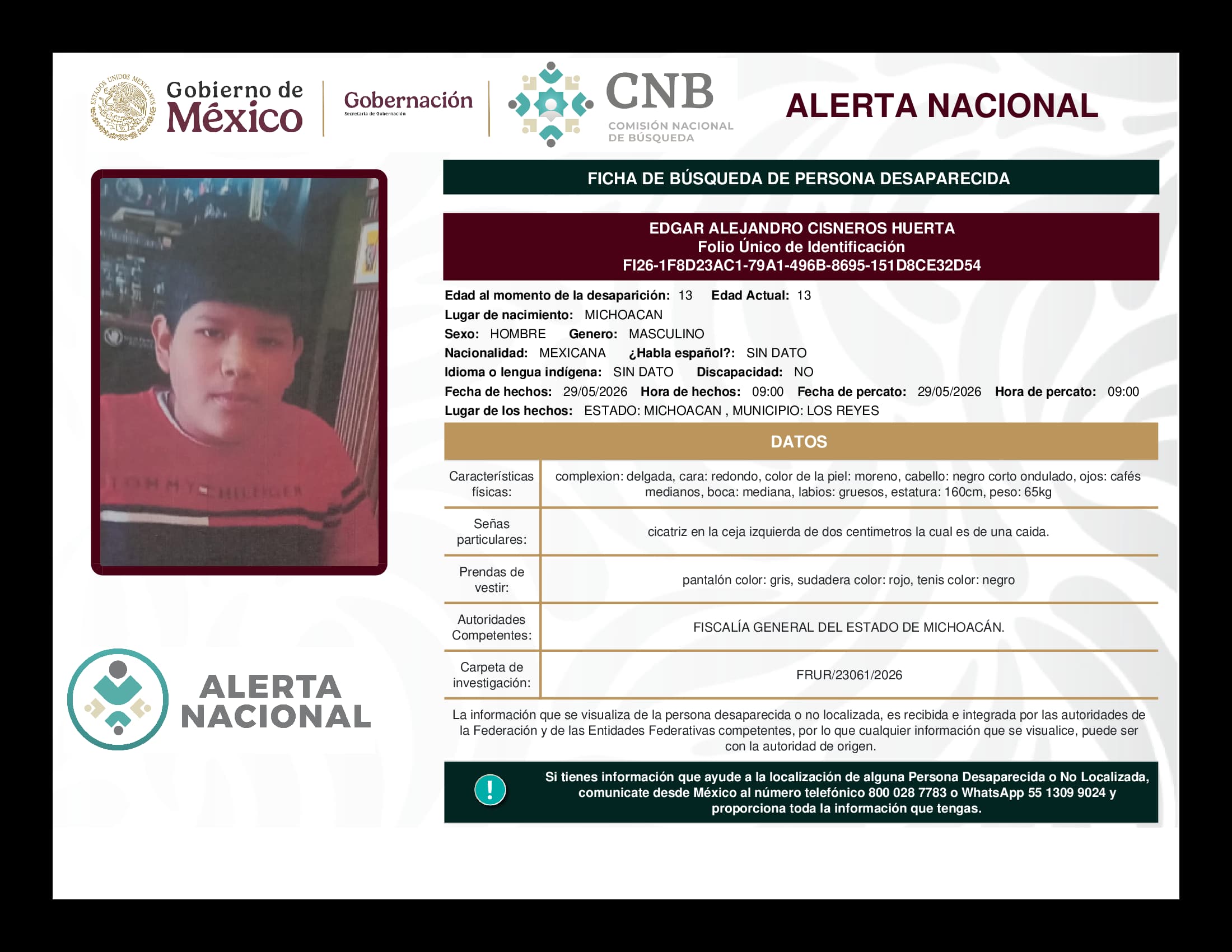 Persona desaparecida Edgar Alejandro Cisneros Huerta
