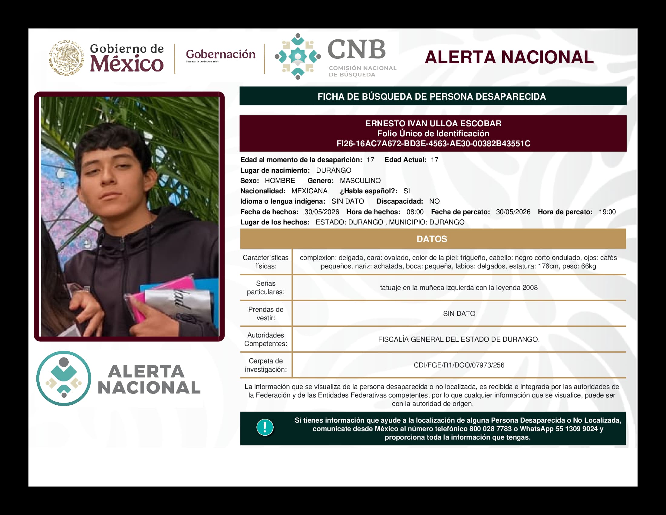 Persona desaparecida Ernesto Ivan Ulloa Escobar