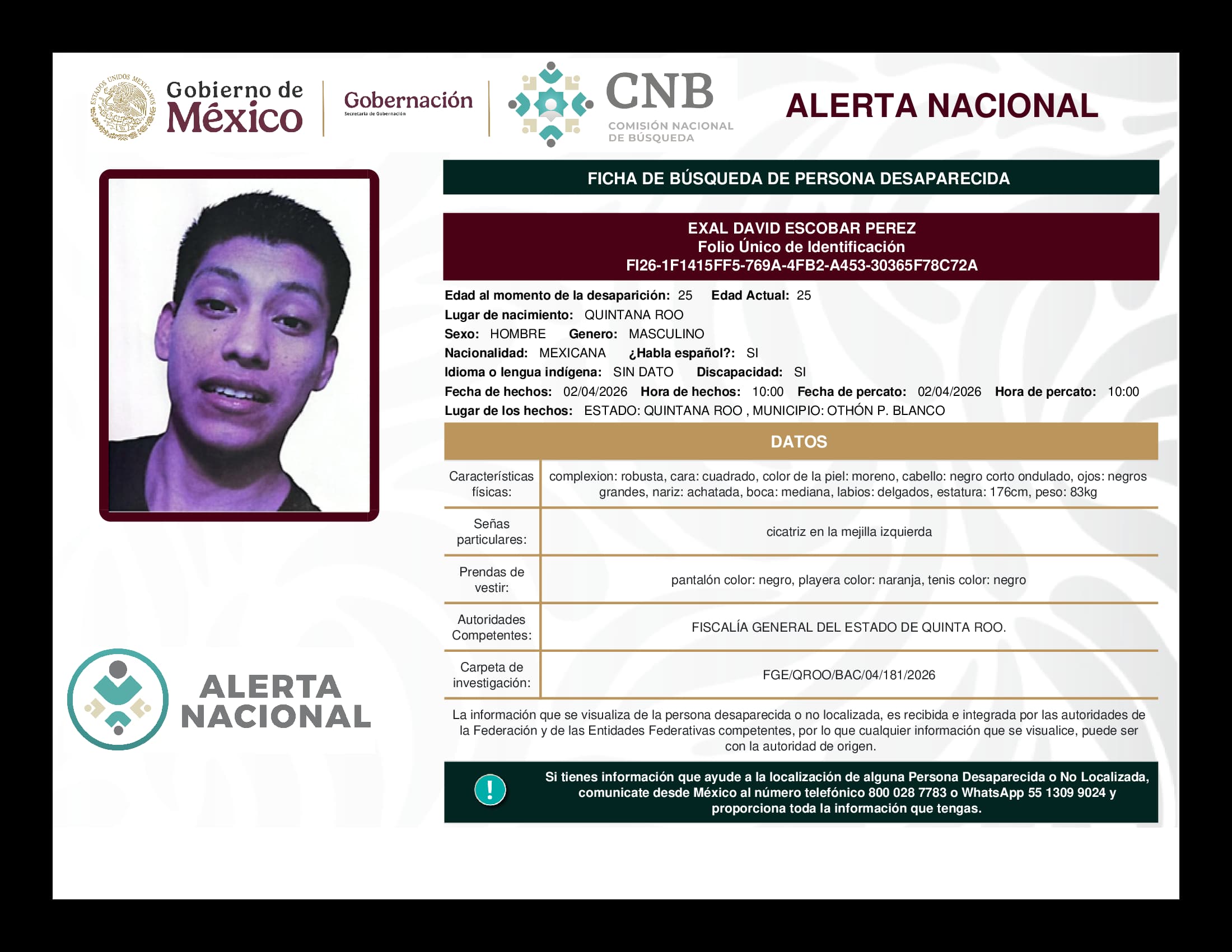 Persona desaparecida Exal David Escobar Perez