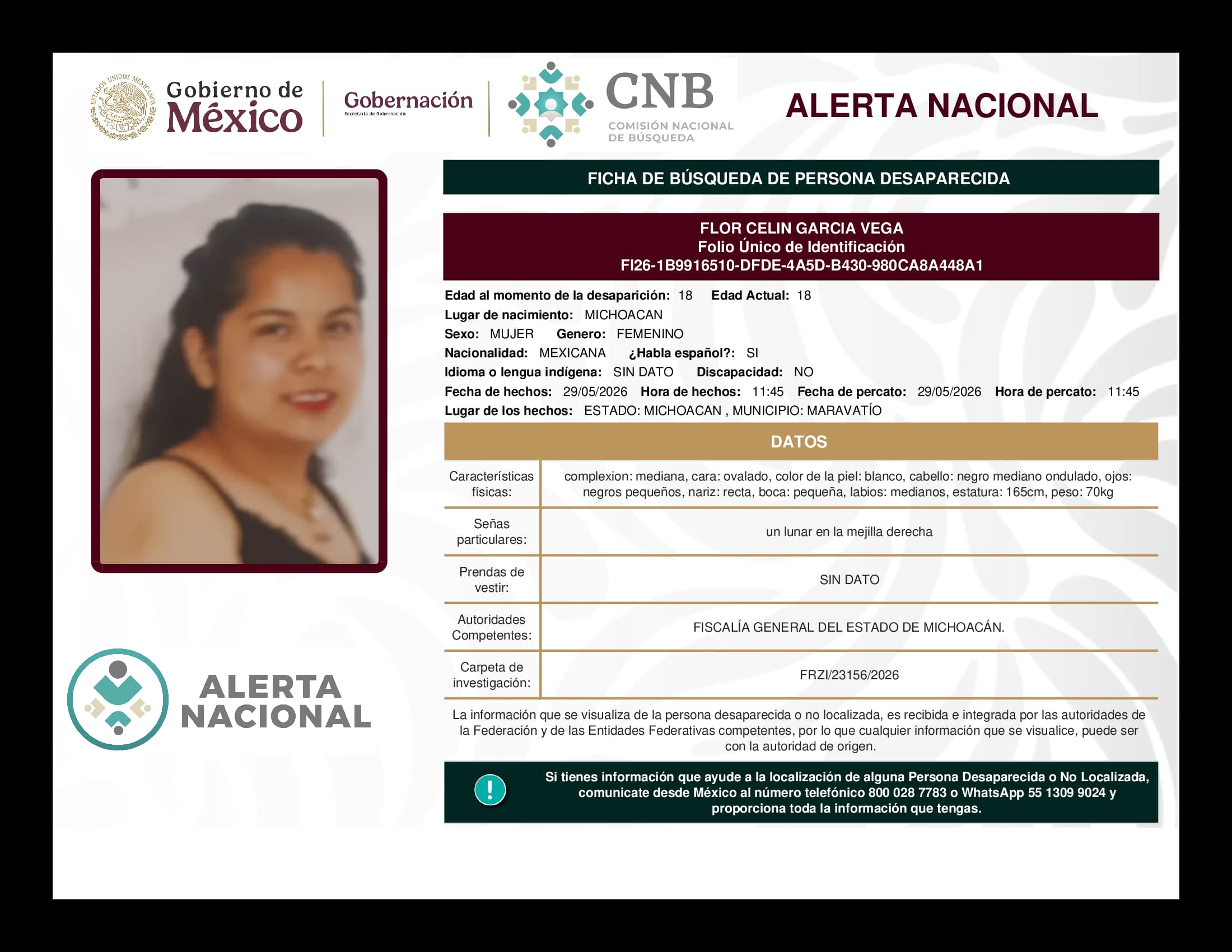 Persona desaparecida Flor Celin Garcia Vega