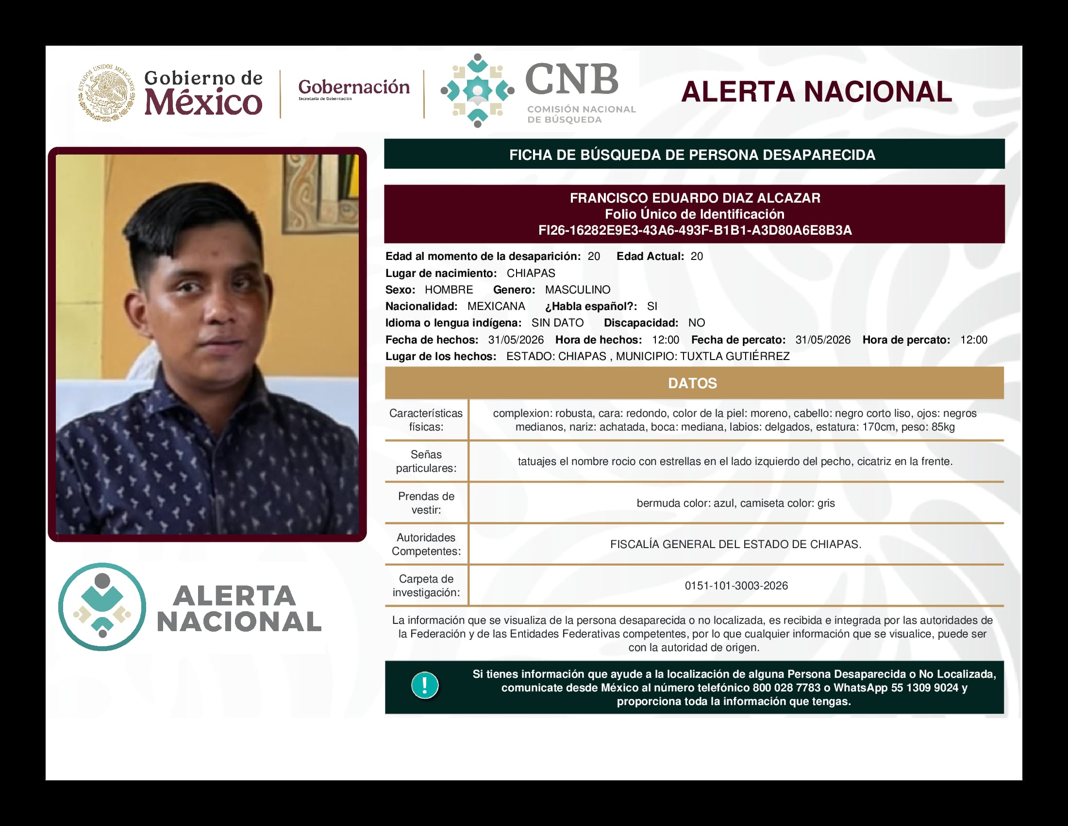 Persona desaparecida Francisco Eduardo Diaz Alcazar