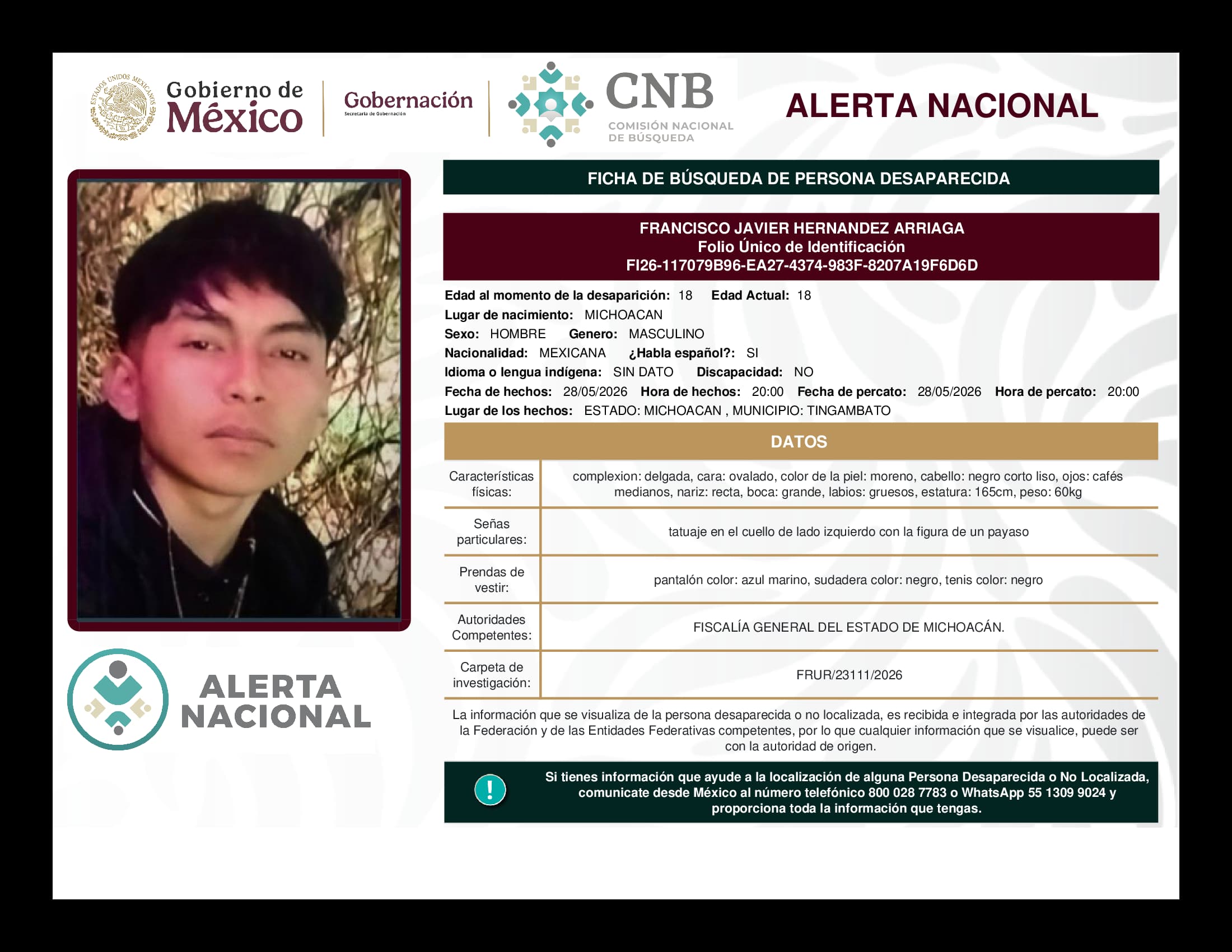 Persona desaparecida Francisco Javier Hernandez Arriaga