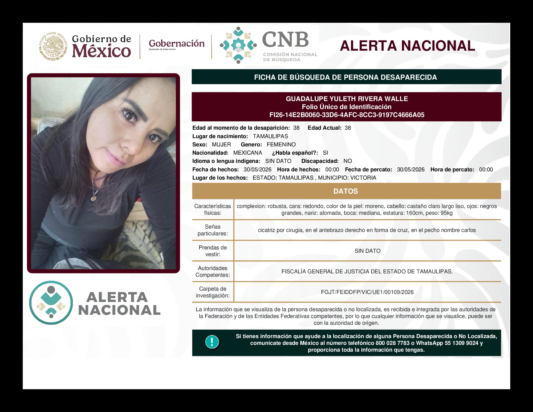 Persona desaparecida Guadalupe Yuleth Rivera Walle
