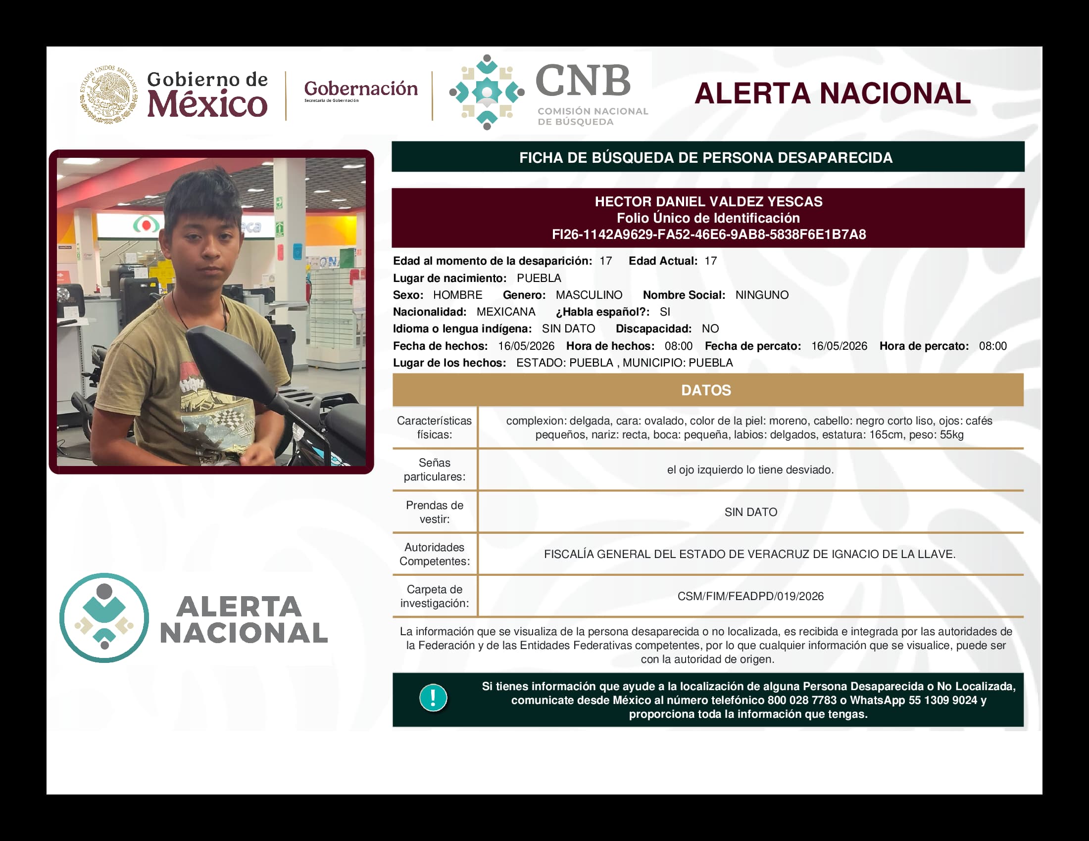 Persona desaparecida Hector Daniel Valdez Yescas
