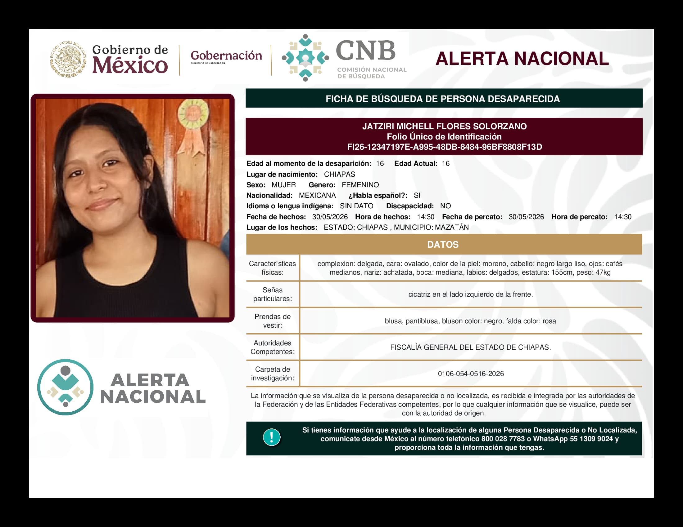 Persona desaparecida Jatziri Michell Flores Solorzano
