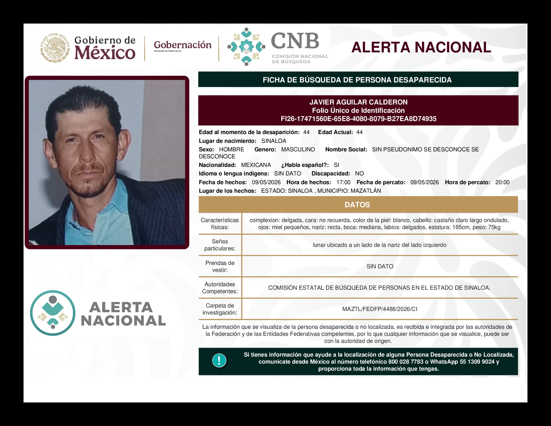 Persona desaparecida Javier Aguilar Calderon