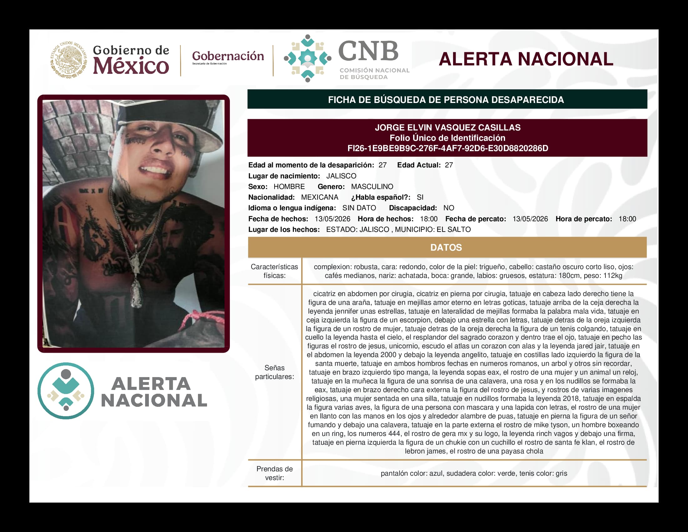 Persona desaparecida Jorge Elvin Vasquez Casillas