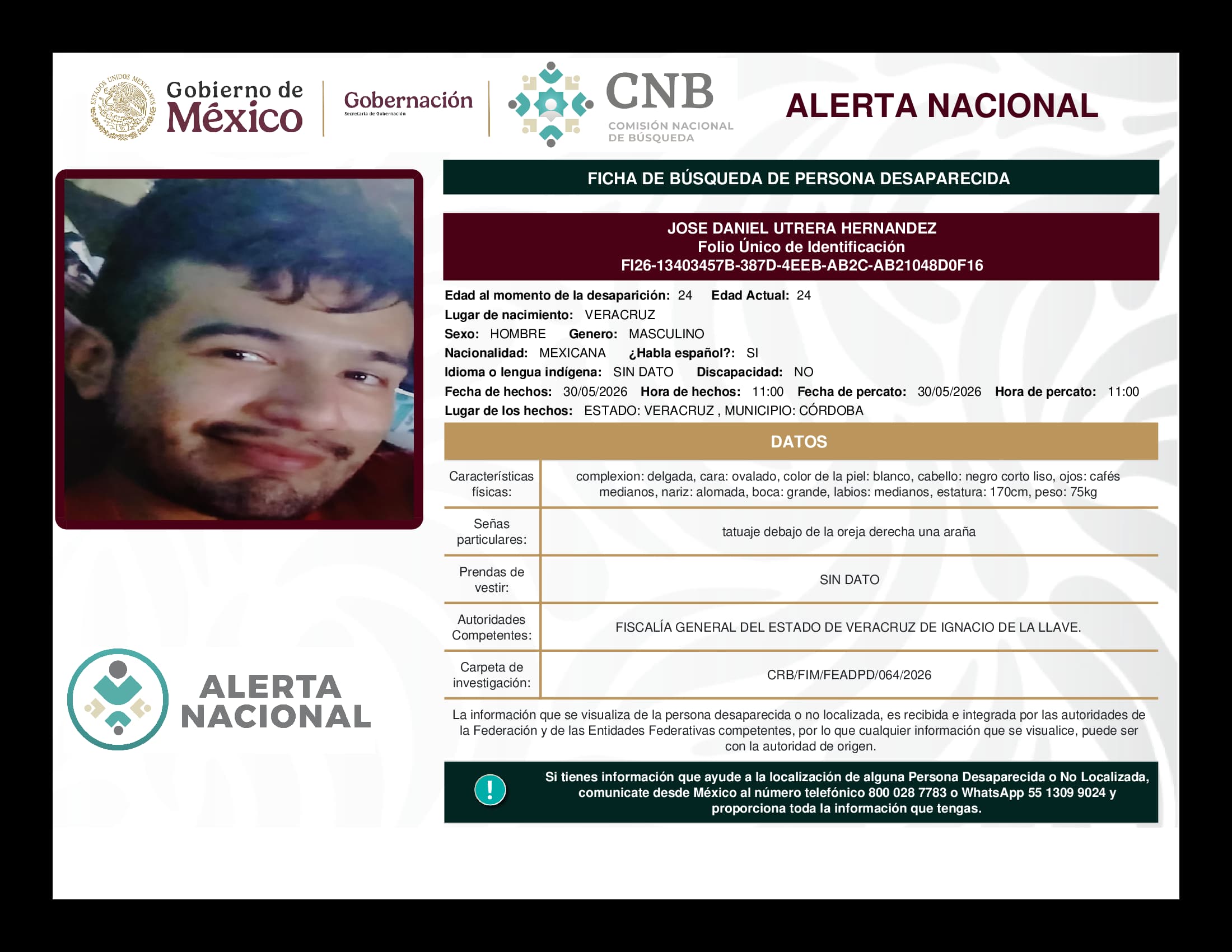 Persona desaparecida Jose Daniel Utrera Hernandez