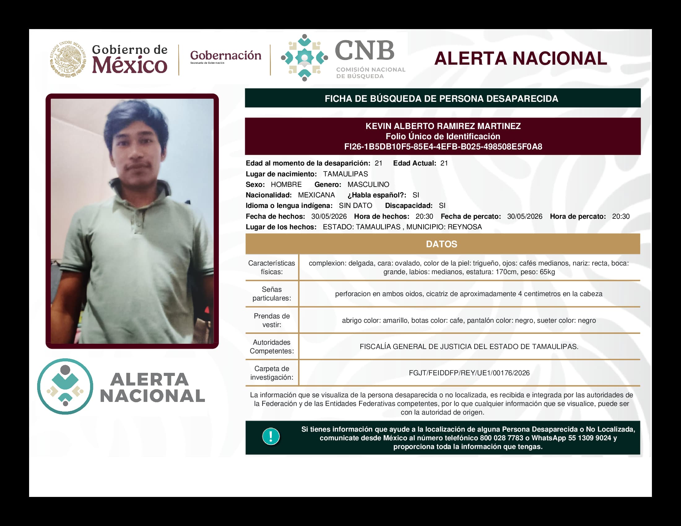 Persona desaparecida Kevin Alberto Ramirez Martinez