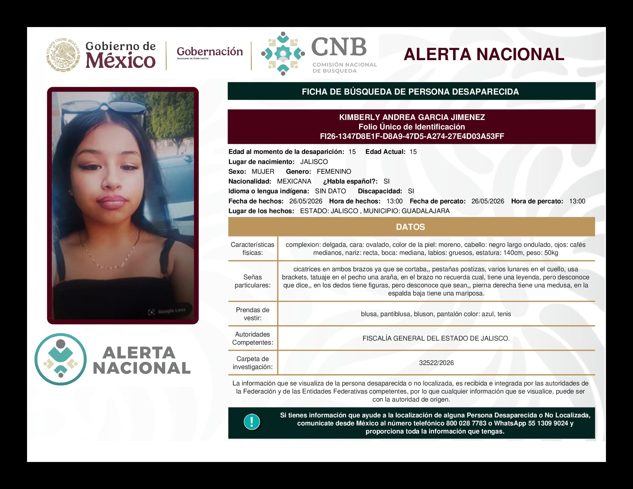 Persona desaparecida Kimberly Andrea Garcia Jimenez