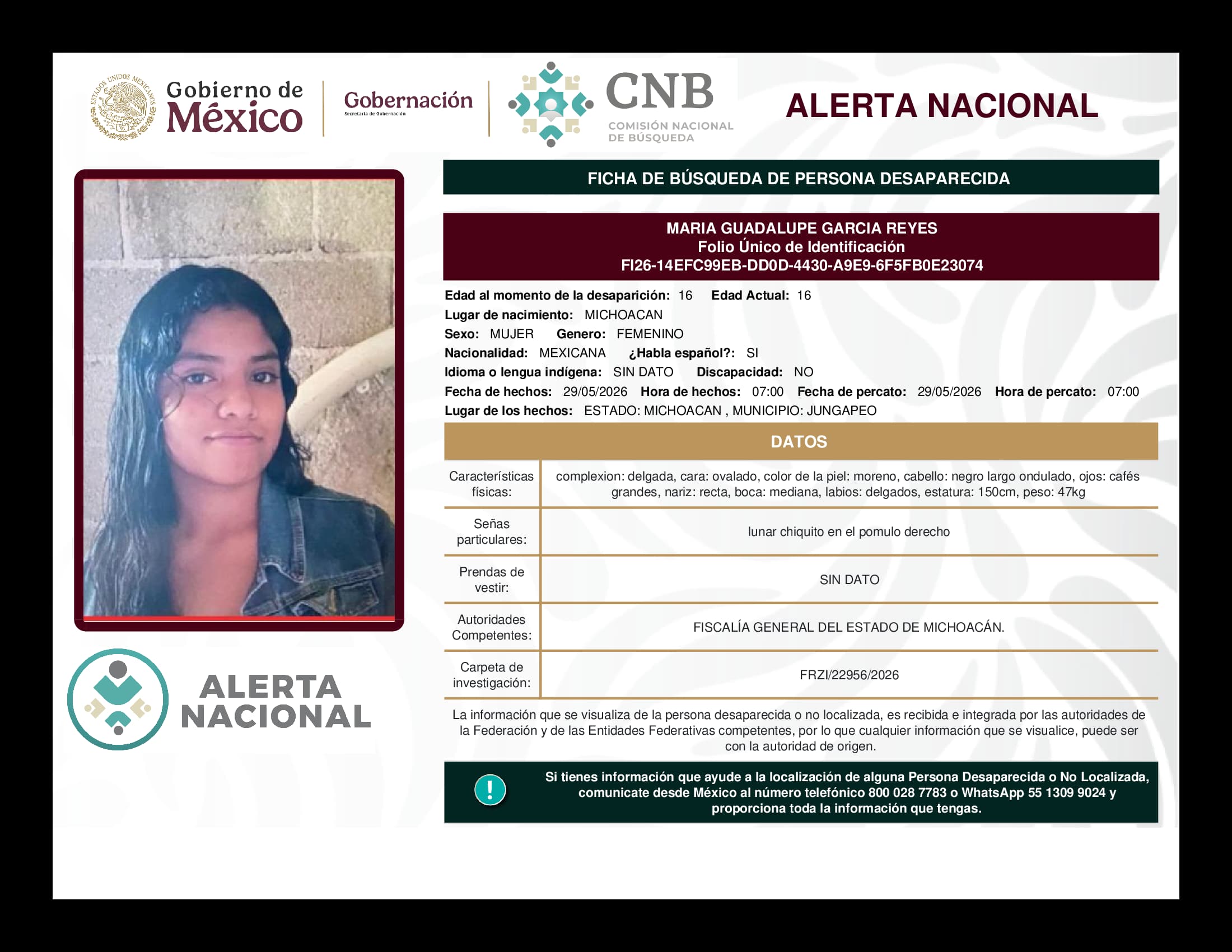 Persona desaparecida Maria Guadalupe Garcia Reyes