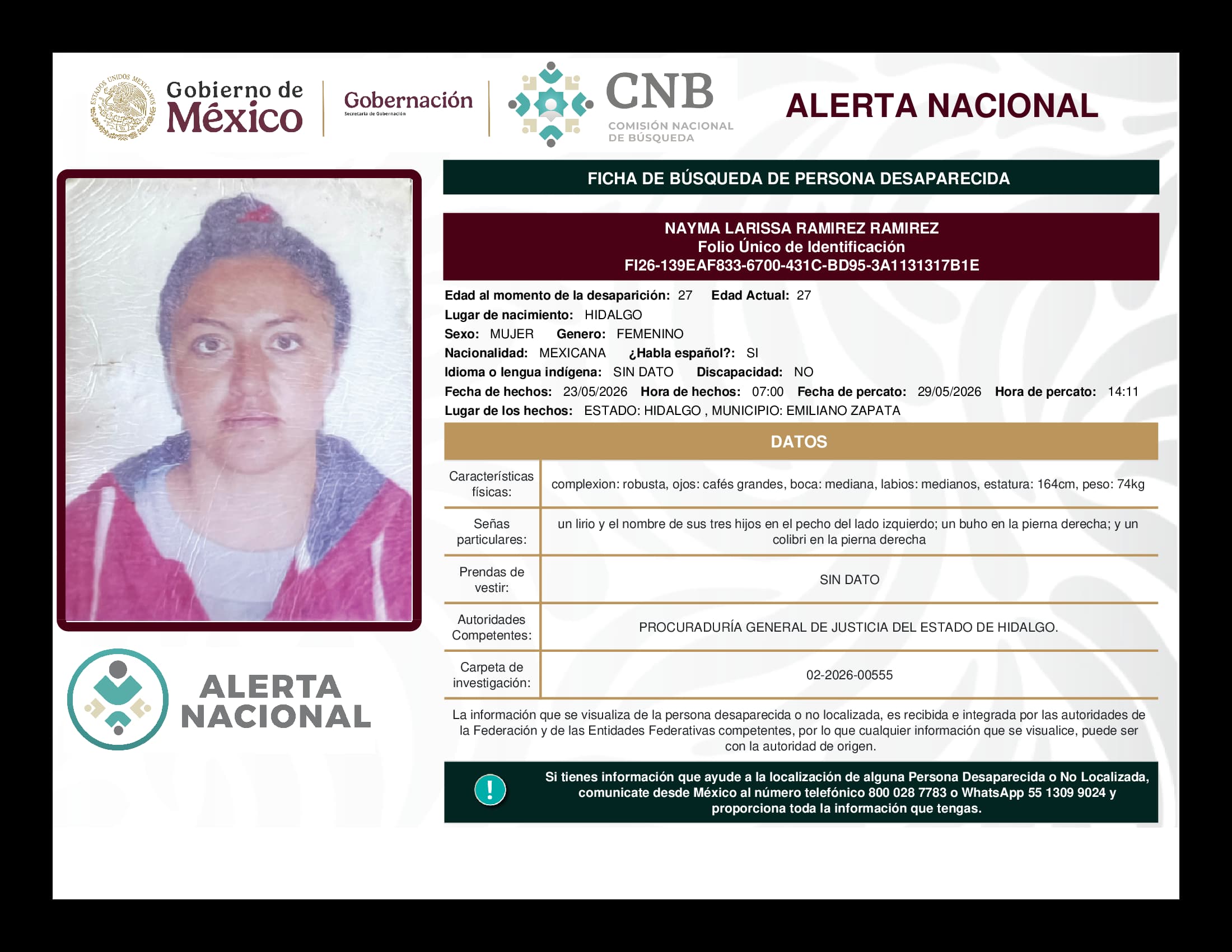 Persona desaparecida Nayma Larissa Ramirez Ramirez