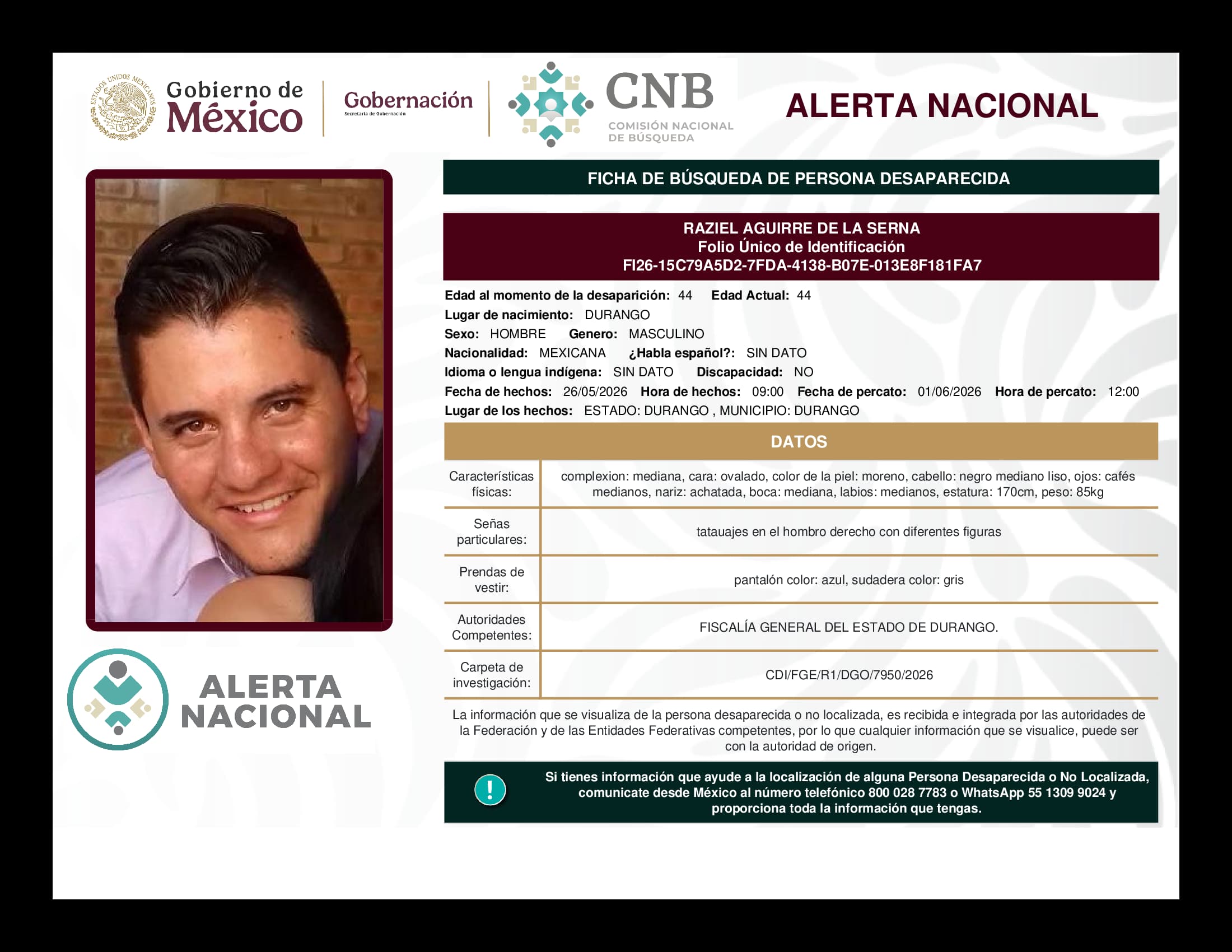Persona desaparecida Raziel Aguirre De La Serna