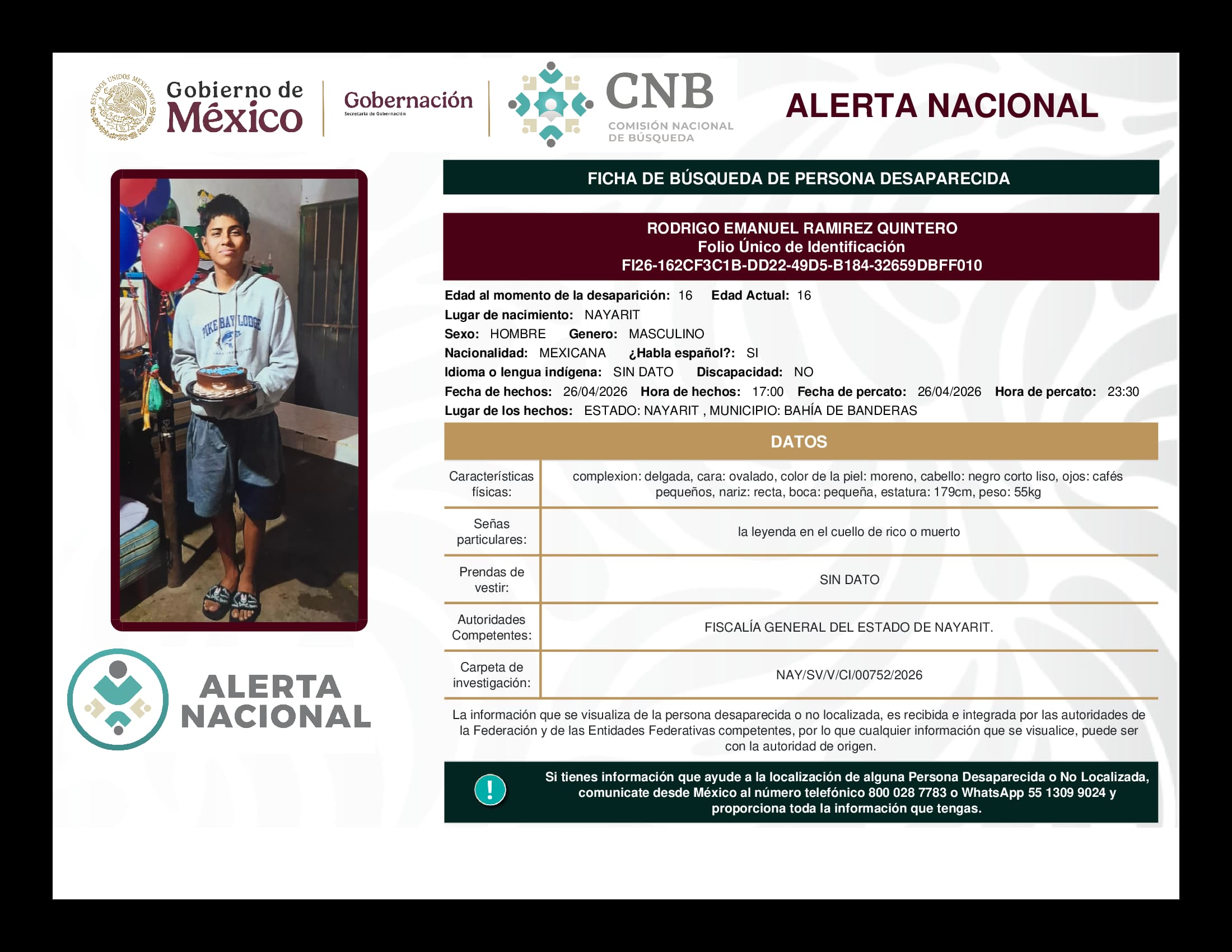 Persona desaparecida Rodrigo Emanuel Ramirez Quintero