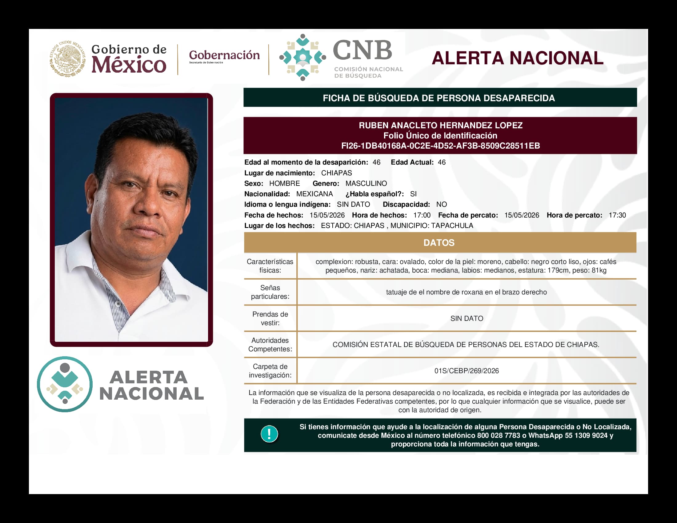 Persona desaparecida Ruben Anacleto Hernandez Lopez