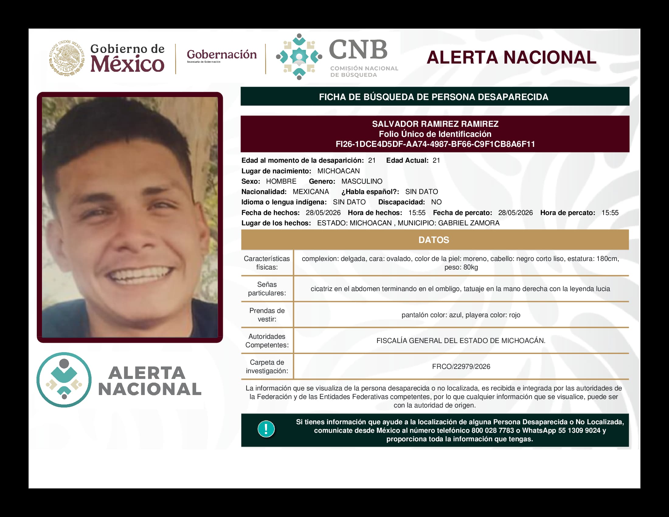 Persona desaparecida Salvador Ramirez Ramirez