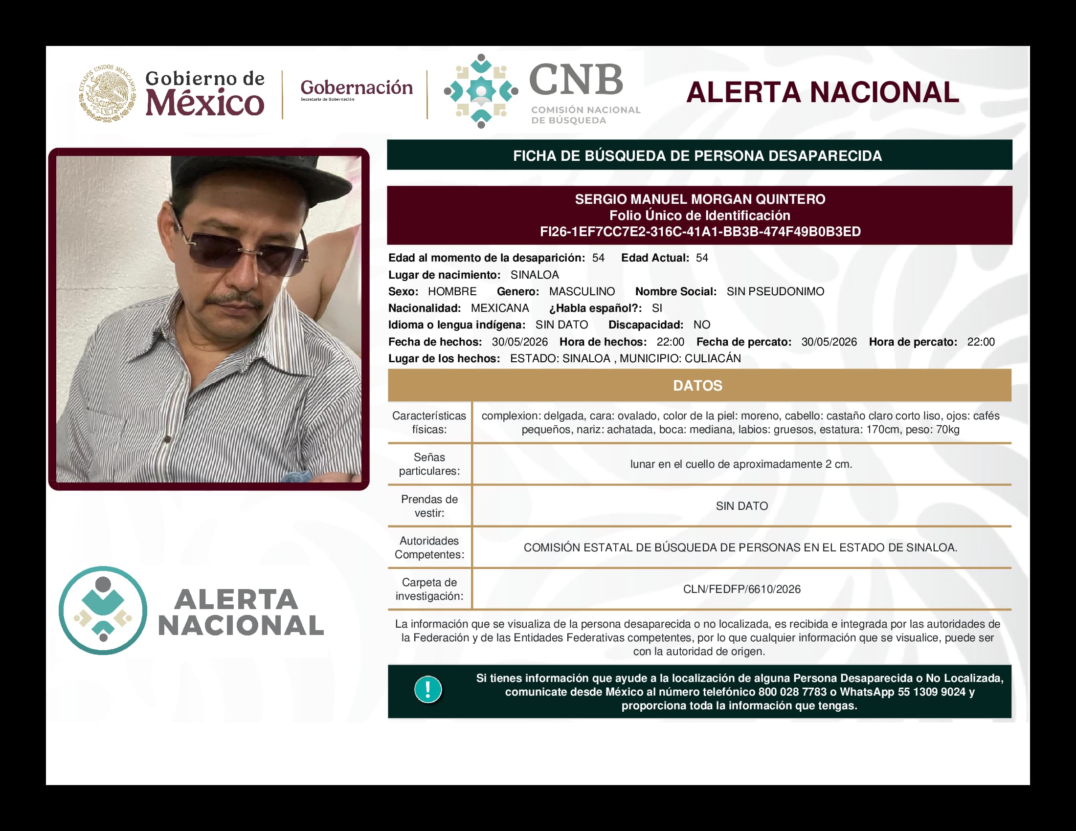 Persona desaparecida Sergio Manuel Morgan Quintero