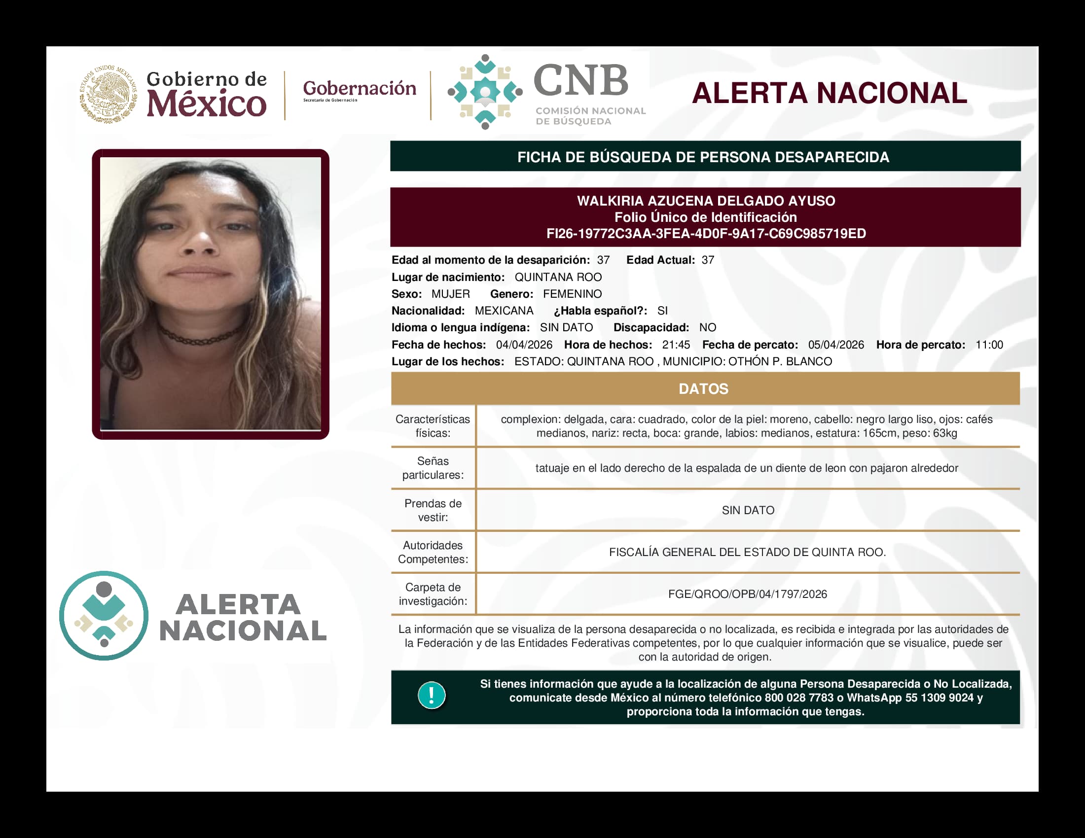 Persona desaparecida Walkiria Azucena Delgado Ayuso