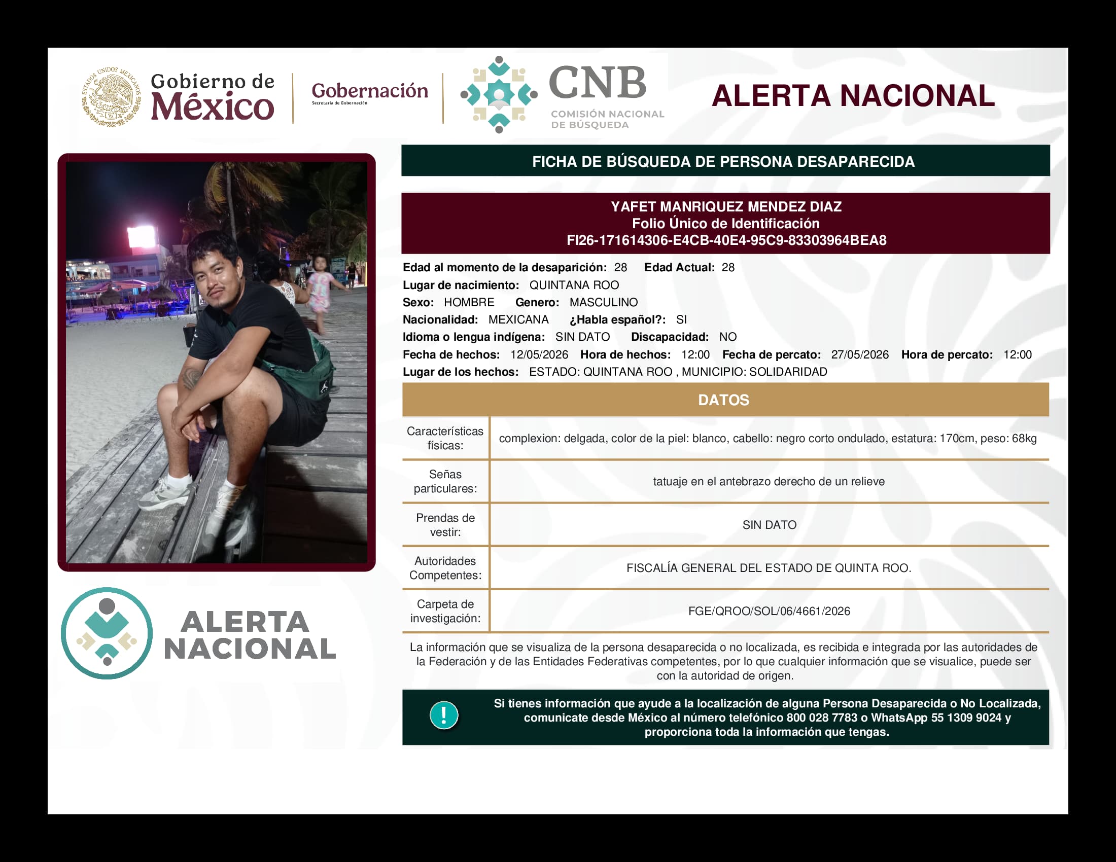 Persona desaparecida Yafet Manriquez Mendez Diaz