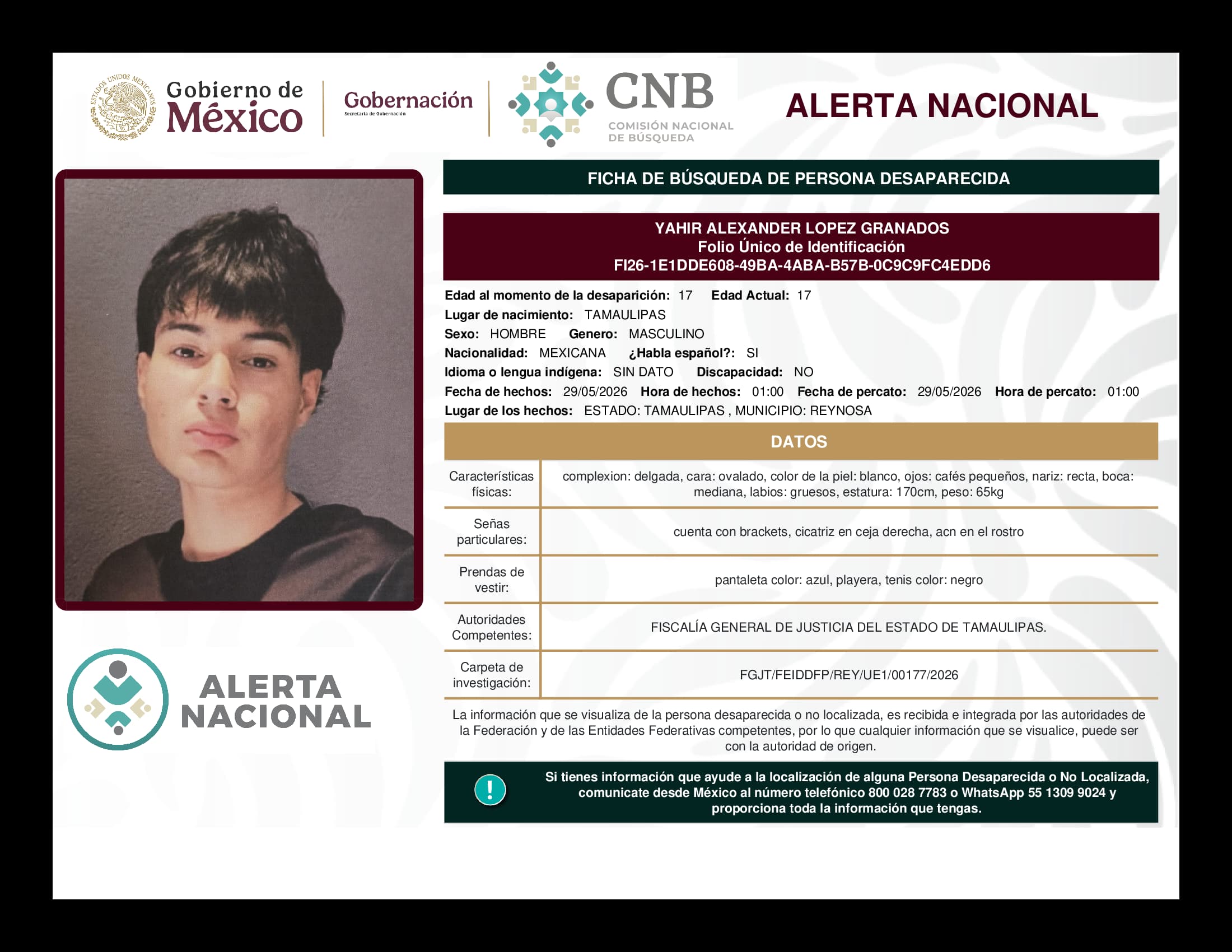 Persona desaparecida Yahir Alexander Lopez Granados